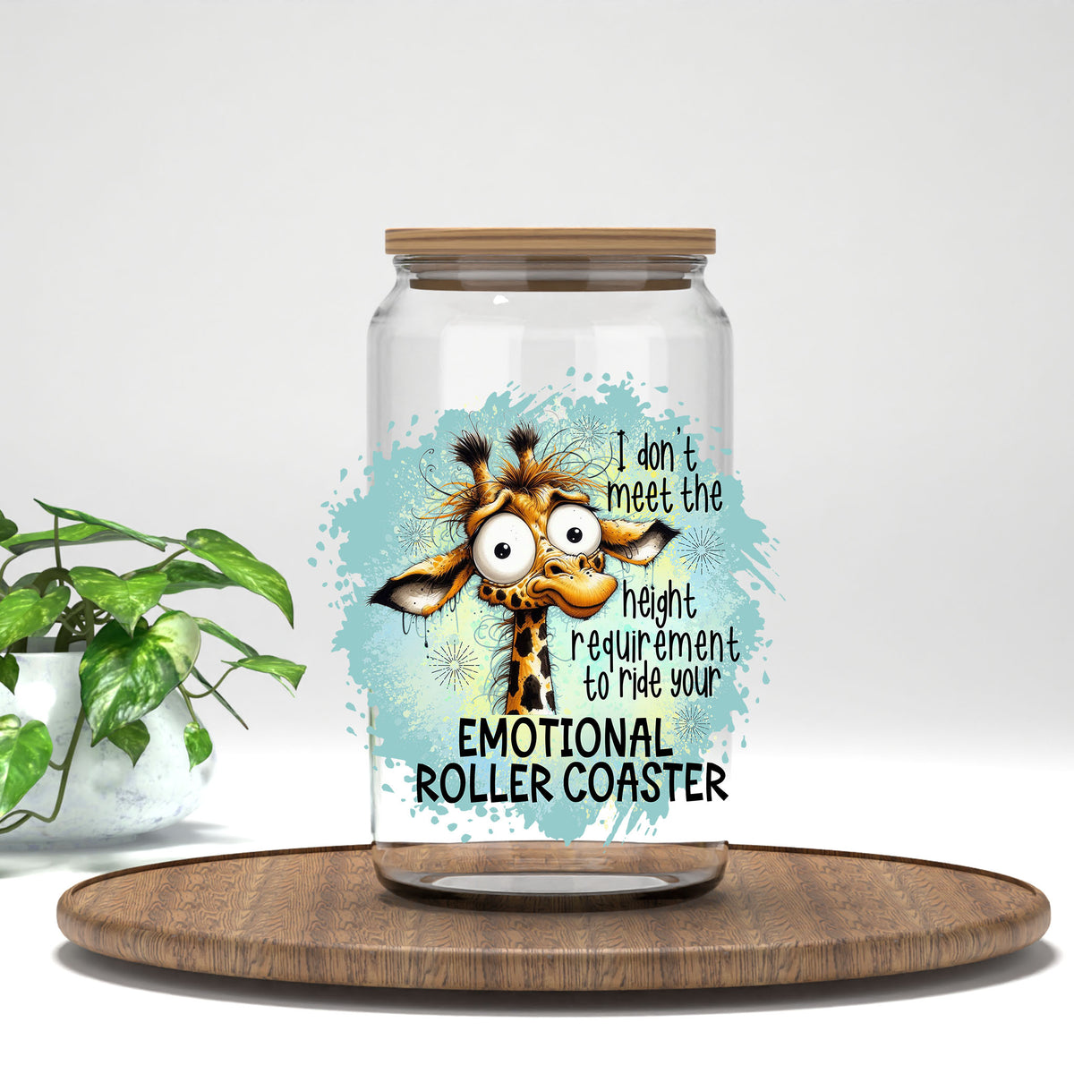 Emotional Roller Coaster UV DTF transfer on a clear glass can