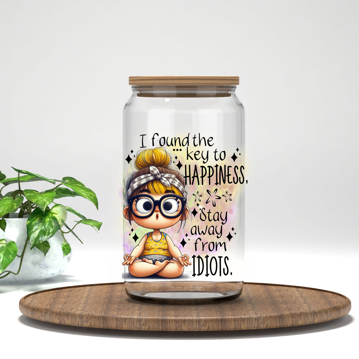 I Found the Key to Happiness UV DTF transfer on a clear glass can