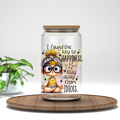 I Found the Key to Happiness UV DTF transfer on a clear glass can