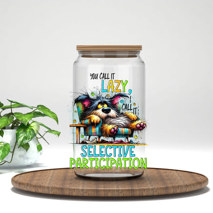 Selective Participation UV DTF transfer on a clear glass can