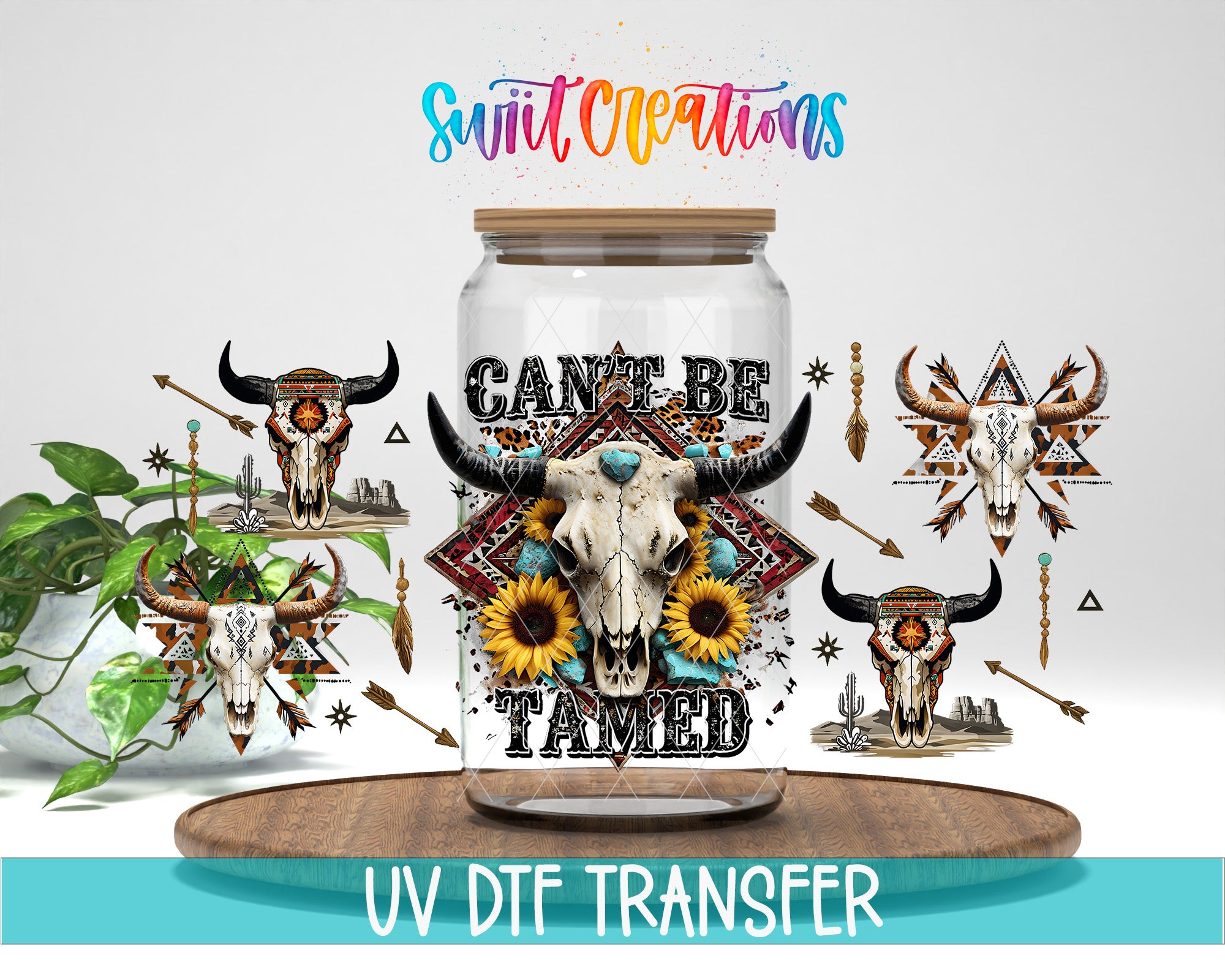 The image is a collage featuring a large glass jar with a skull design and various decorative elements, such as sunflowers and arrows, surrounded by additional images of skulls and sunflowers.