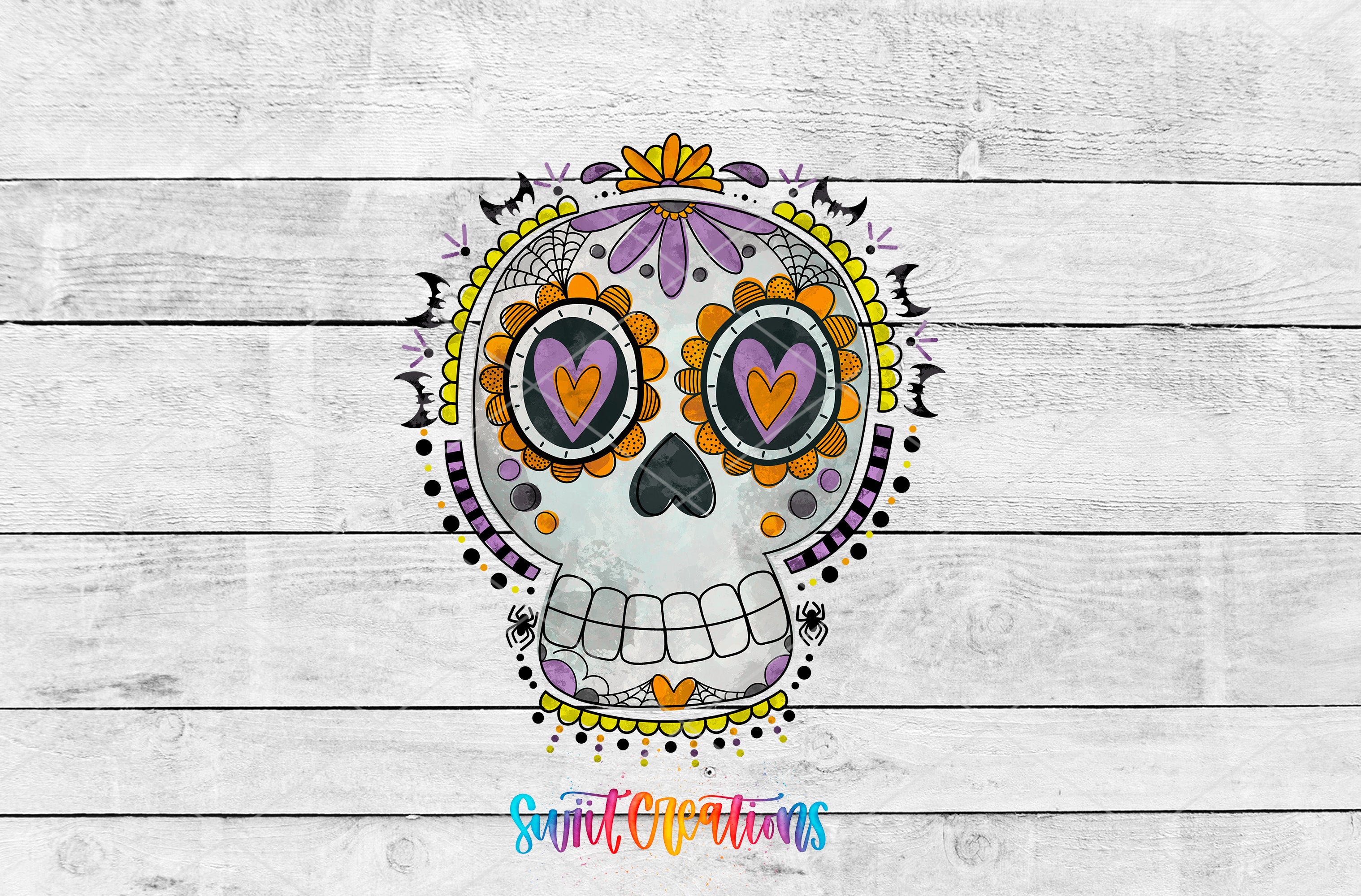 A colorful and intricate sugar skull design against a white wooden background.