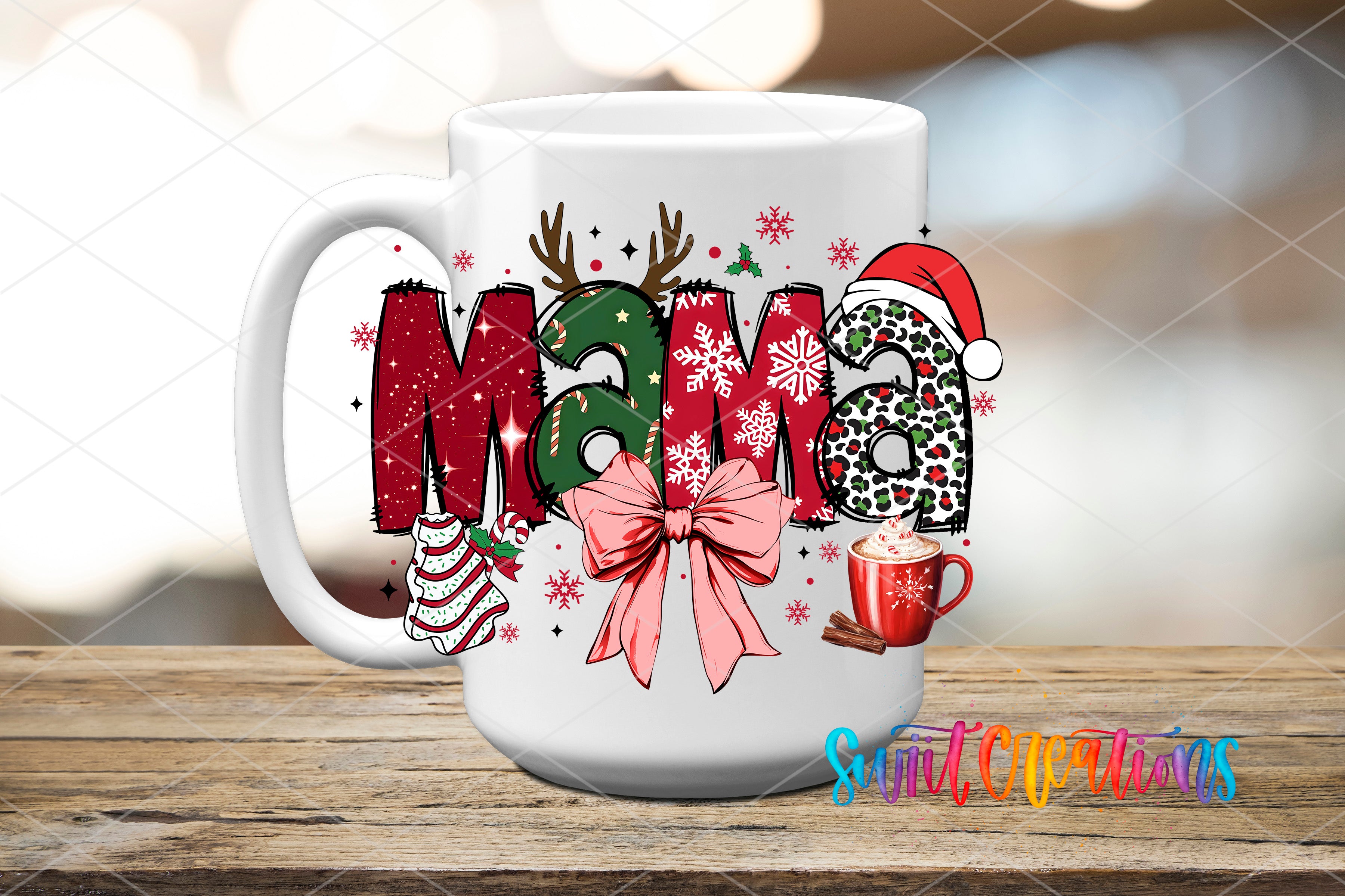 A white mug with the word "Mama" written on it, surrounded by various Christmas-themed decorations such as snowflakes, reindeer antlers, and a Santa hat.