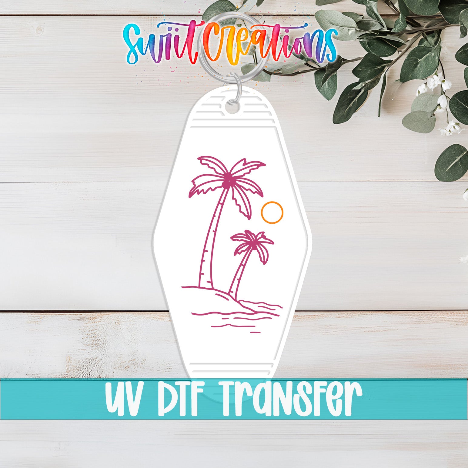 A keychain with a palm tree and sun design, along with the text "UV DTF Transfer" indicating that the image is a UV transfer transfer.
