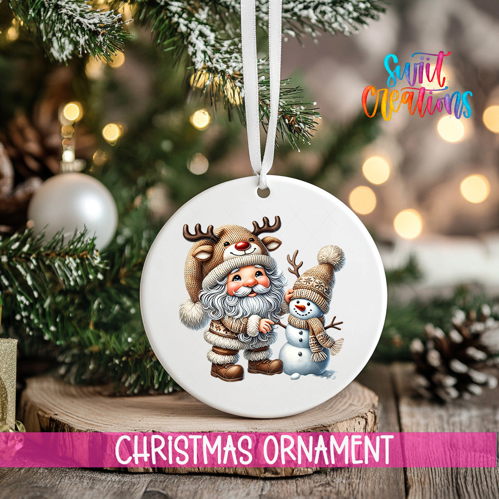 A white Christmas ornament featuring Santa Claus and a snowman, with the text "Christmas Ornament" below the ornament.