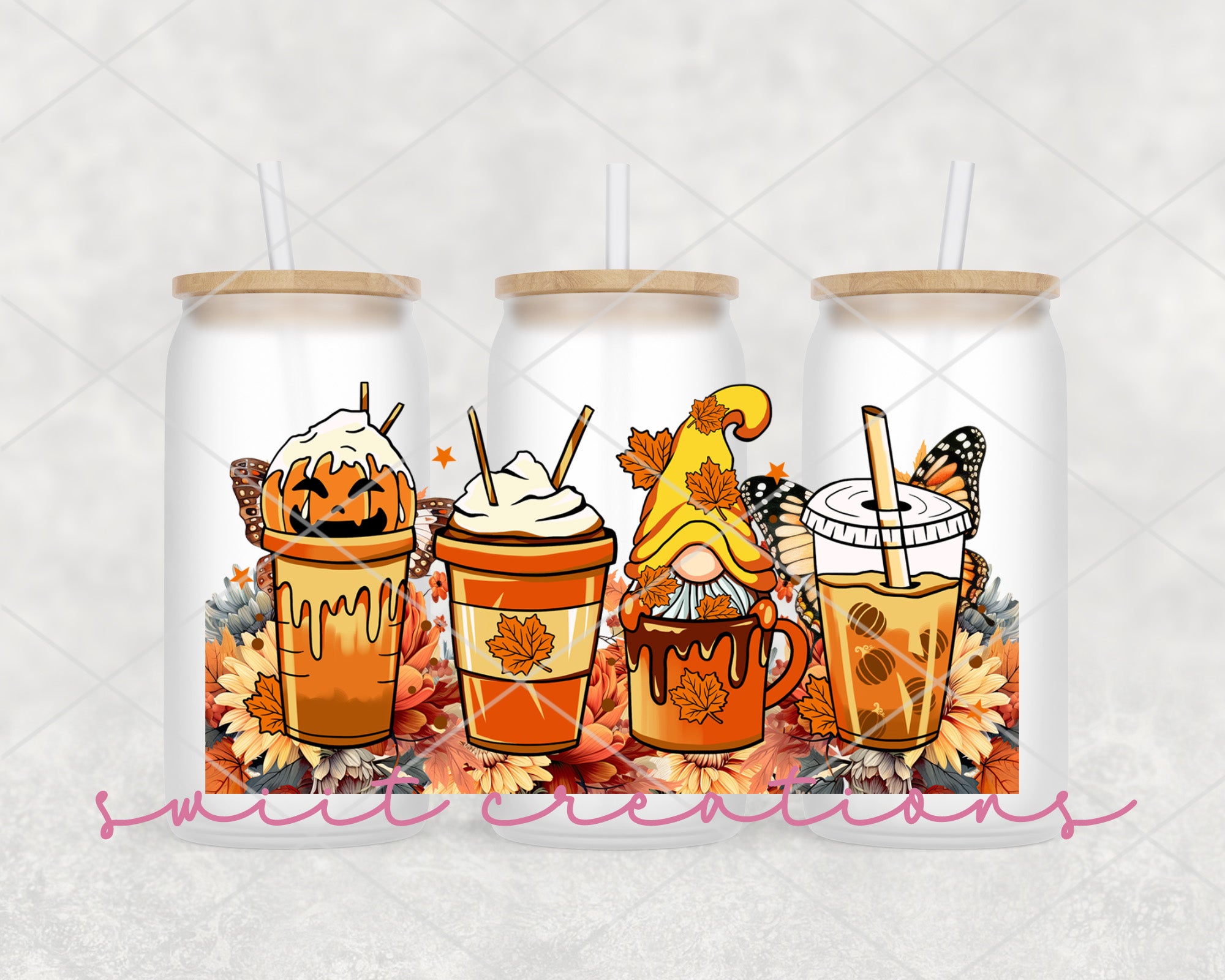 three mason jars filled with drinks on top of a table
