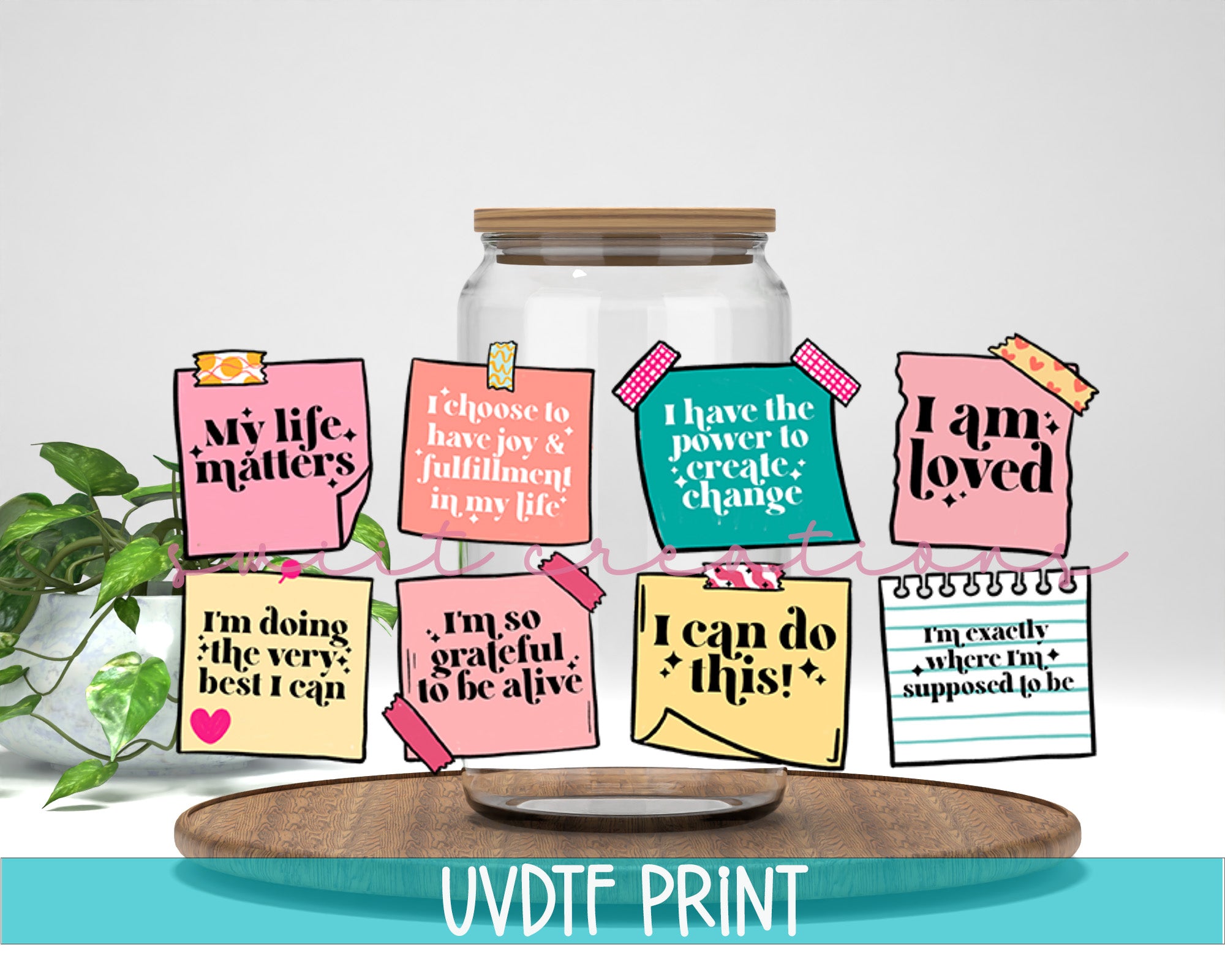 a jar filled with sticky notes sitting on top of a wooden table
