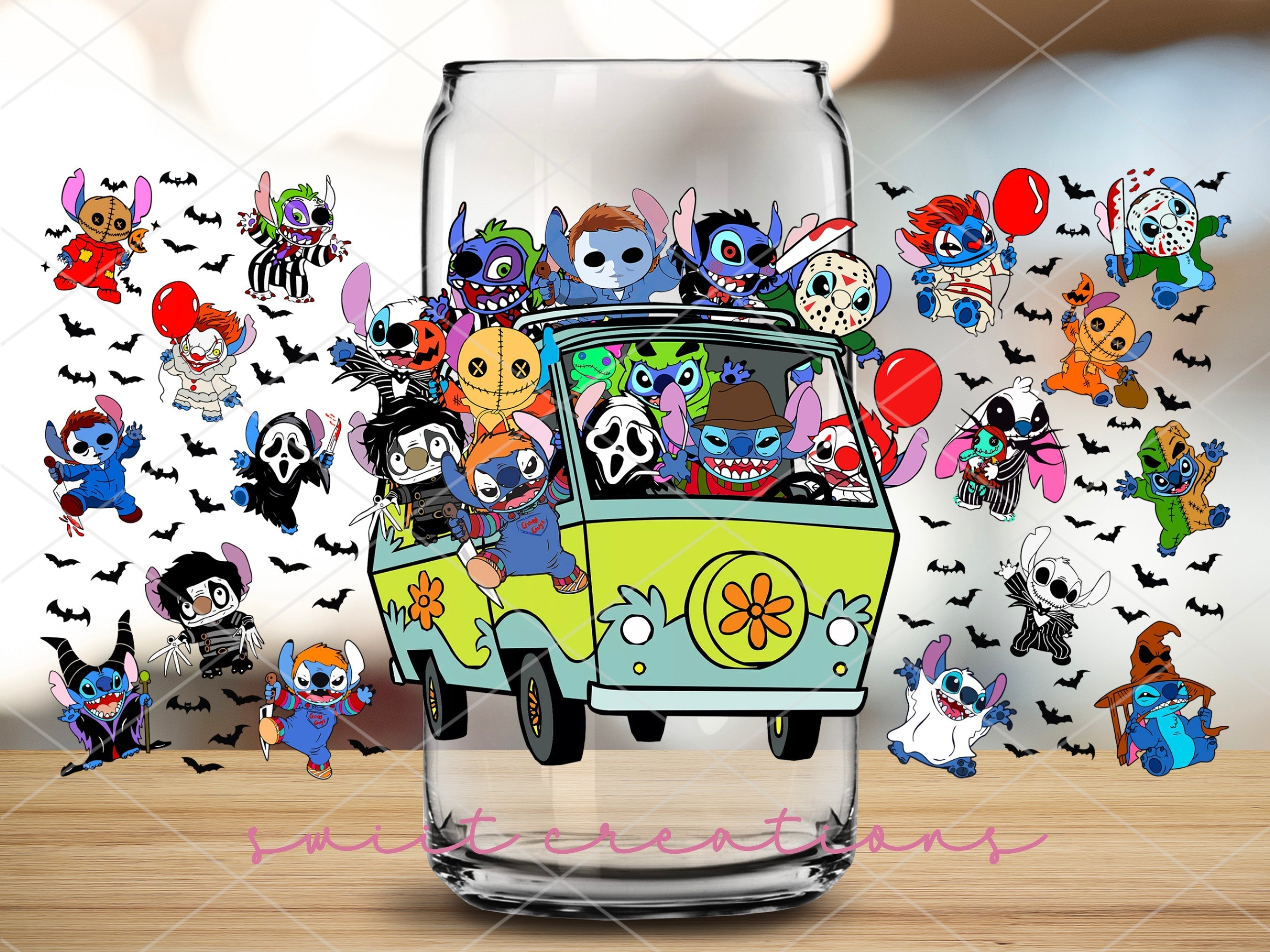 a glass filled with lots of cartoon characters