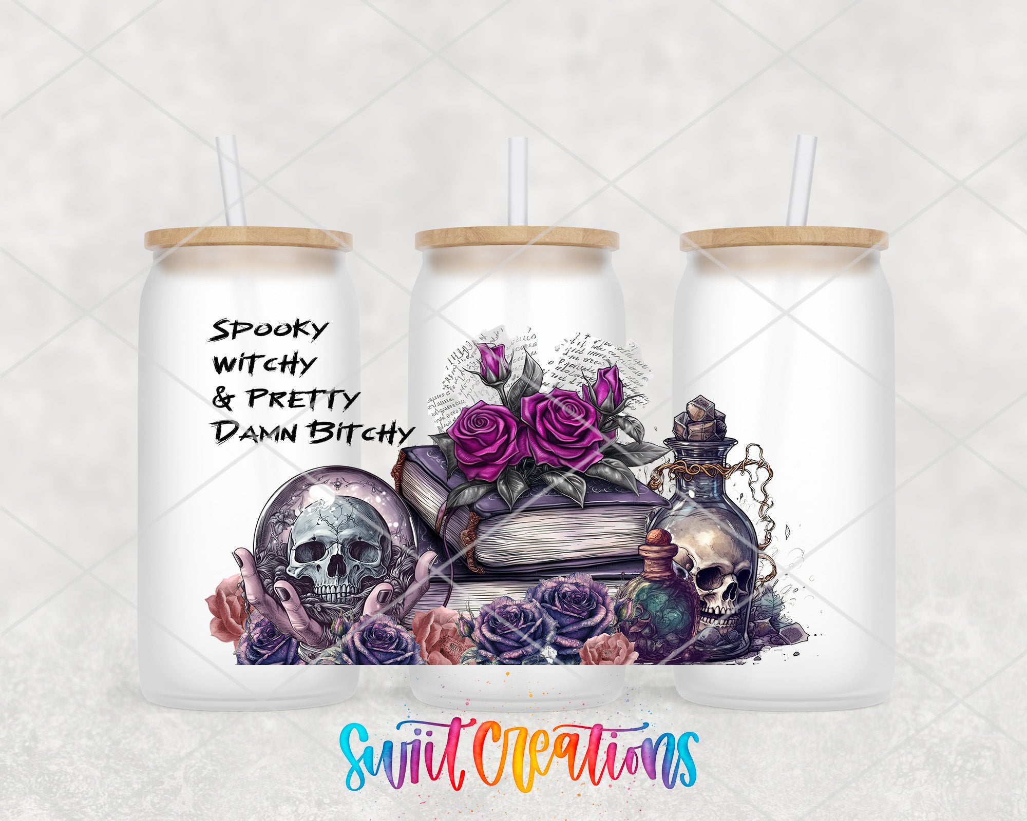 A trio of white tumblers with a spooky, witchy, and pretty design on them, featuring skull and rose motifs, as well as a skull and rose arrangement.