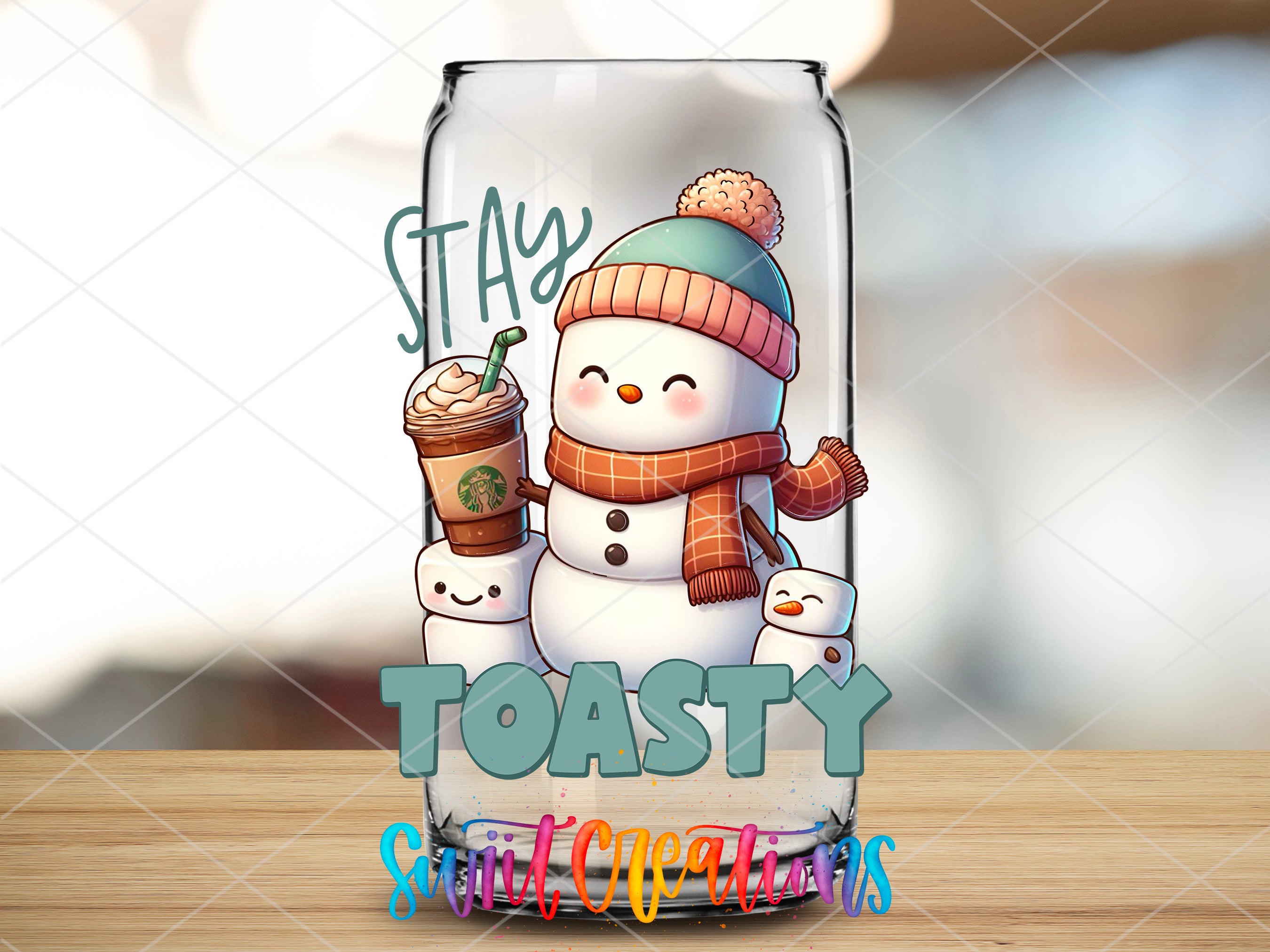 a frosty glass with a snowman holding a cup of coffee