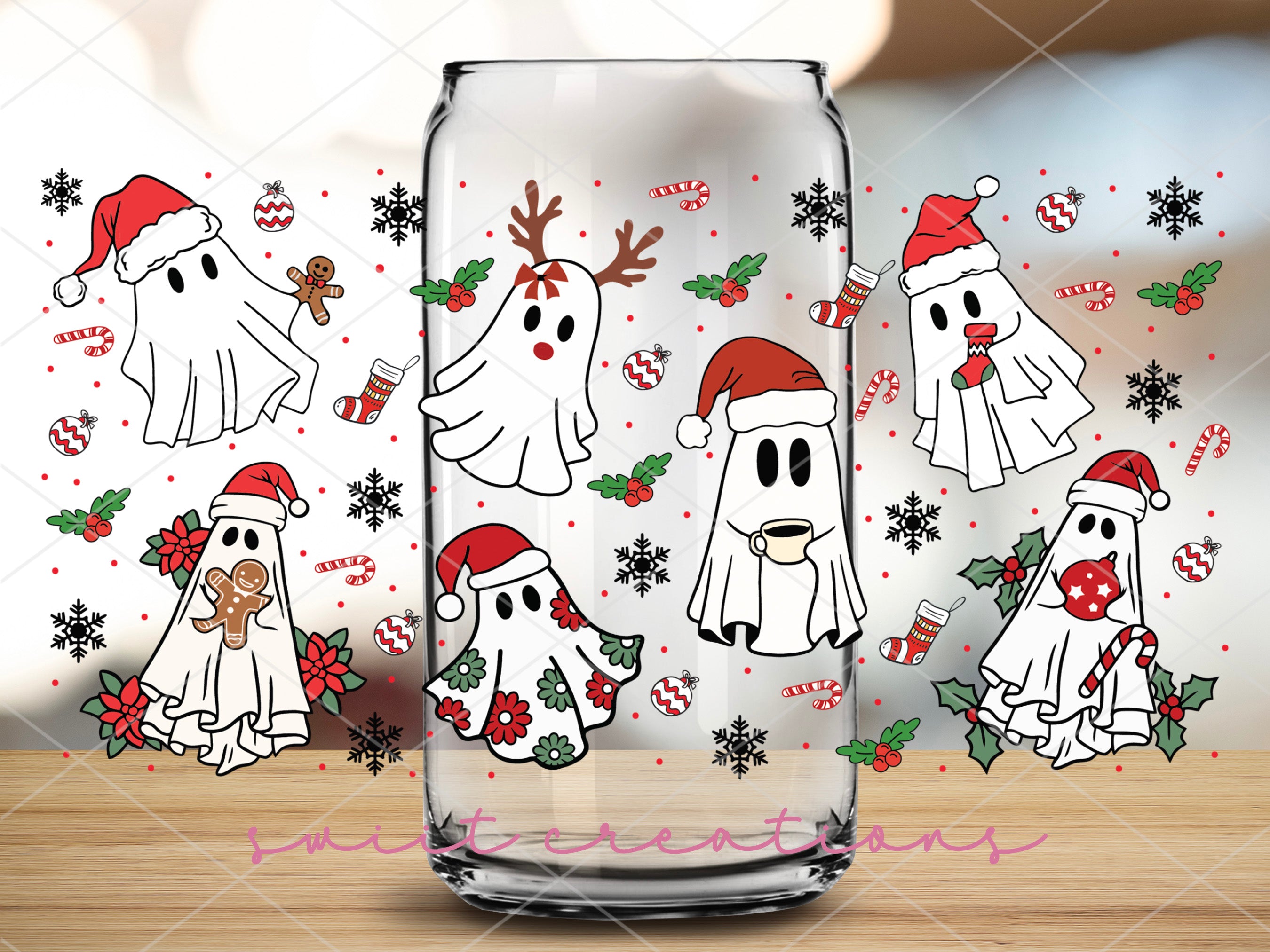 a glass with a picture of ghostes on it