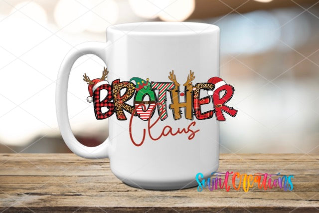 a white coffee mug with the word brother claus printed on it