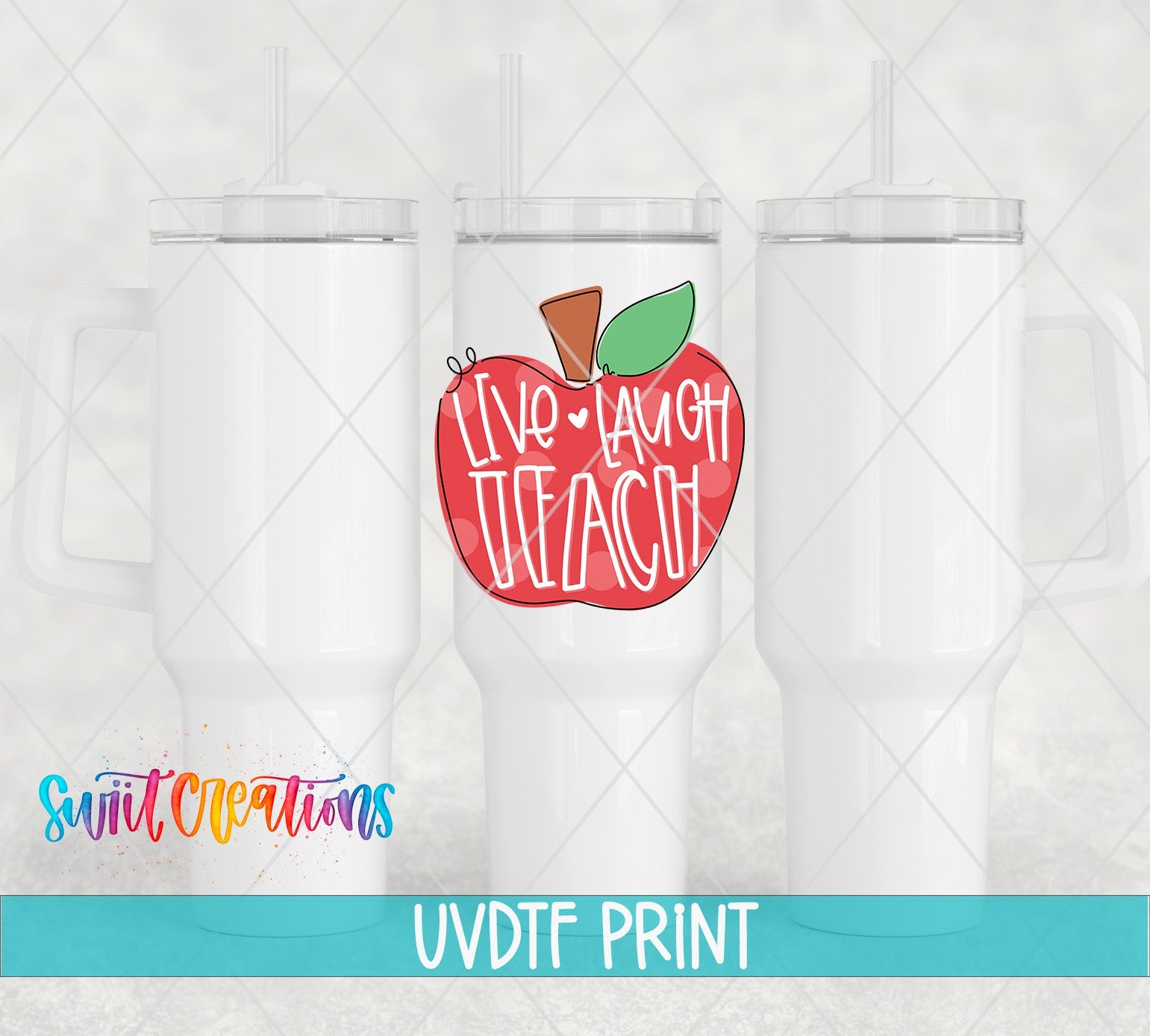 a set of three tumbles with the words live laugh teach and an apple on