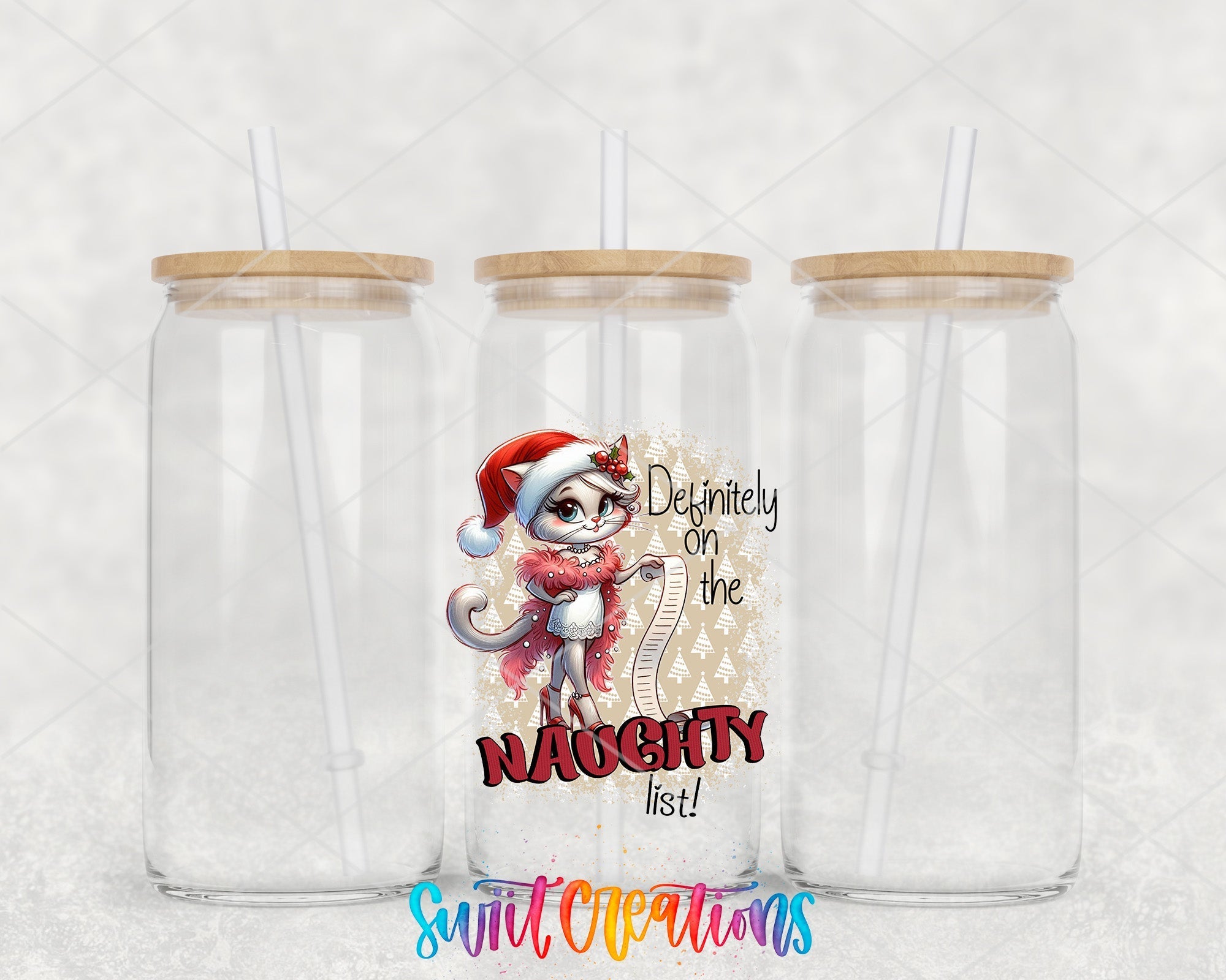 two clear tumblers with a picture of a cat in a santa hat