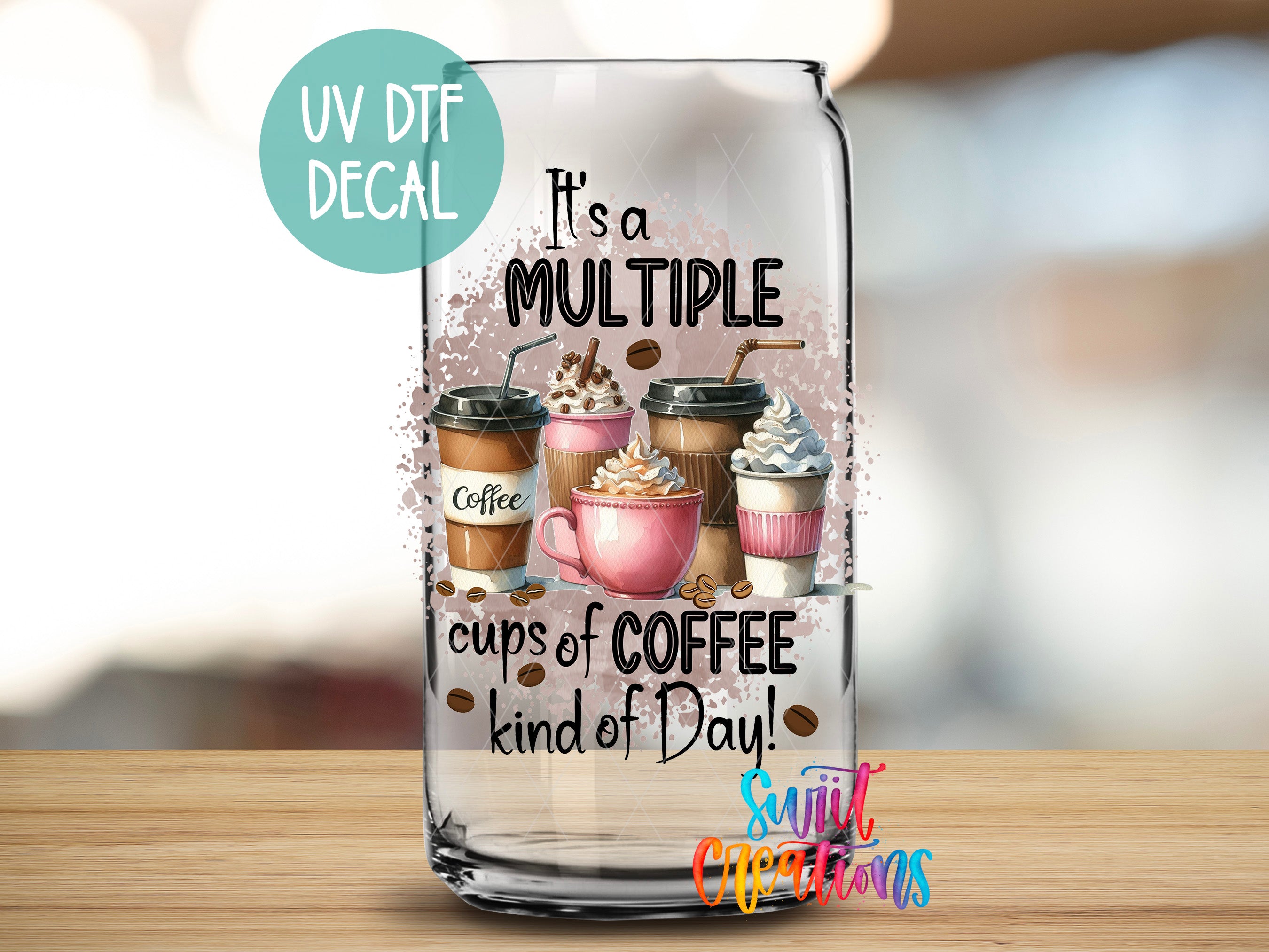 a glass with a picture of coffee cups on it