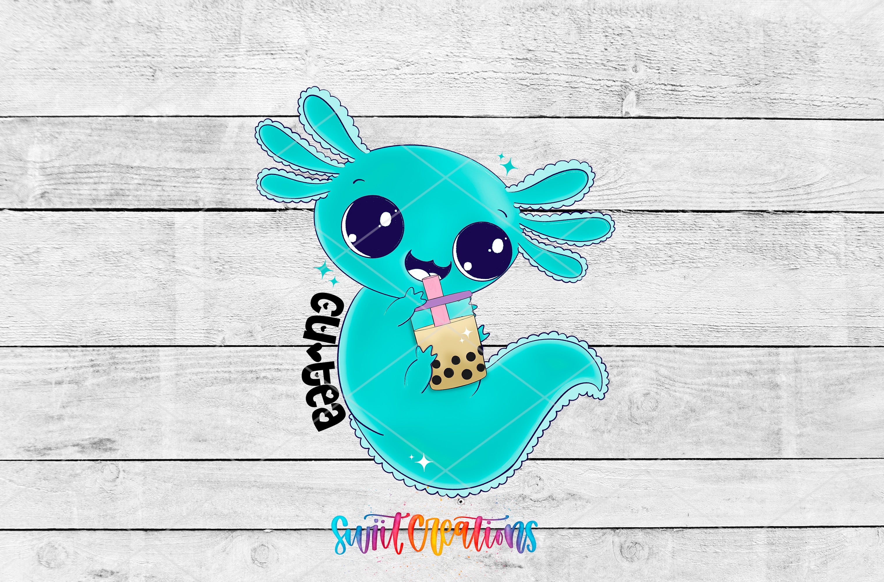 a blue cartoon character with a drink in it's hand