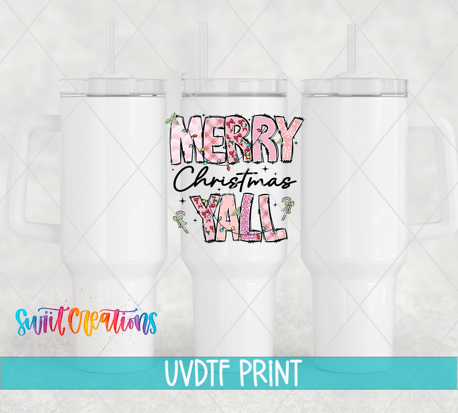 three white tumbles with merry christmas y'all lettering