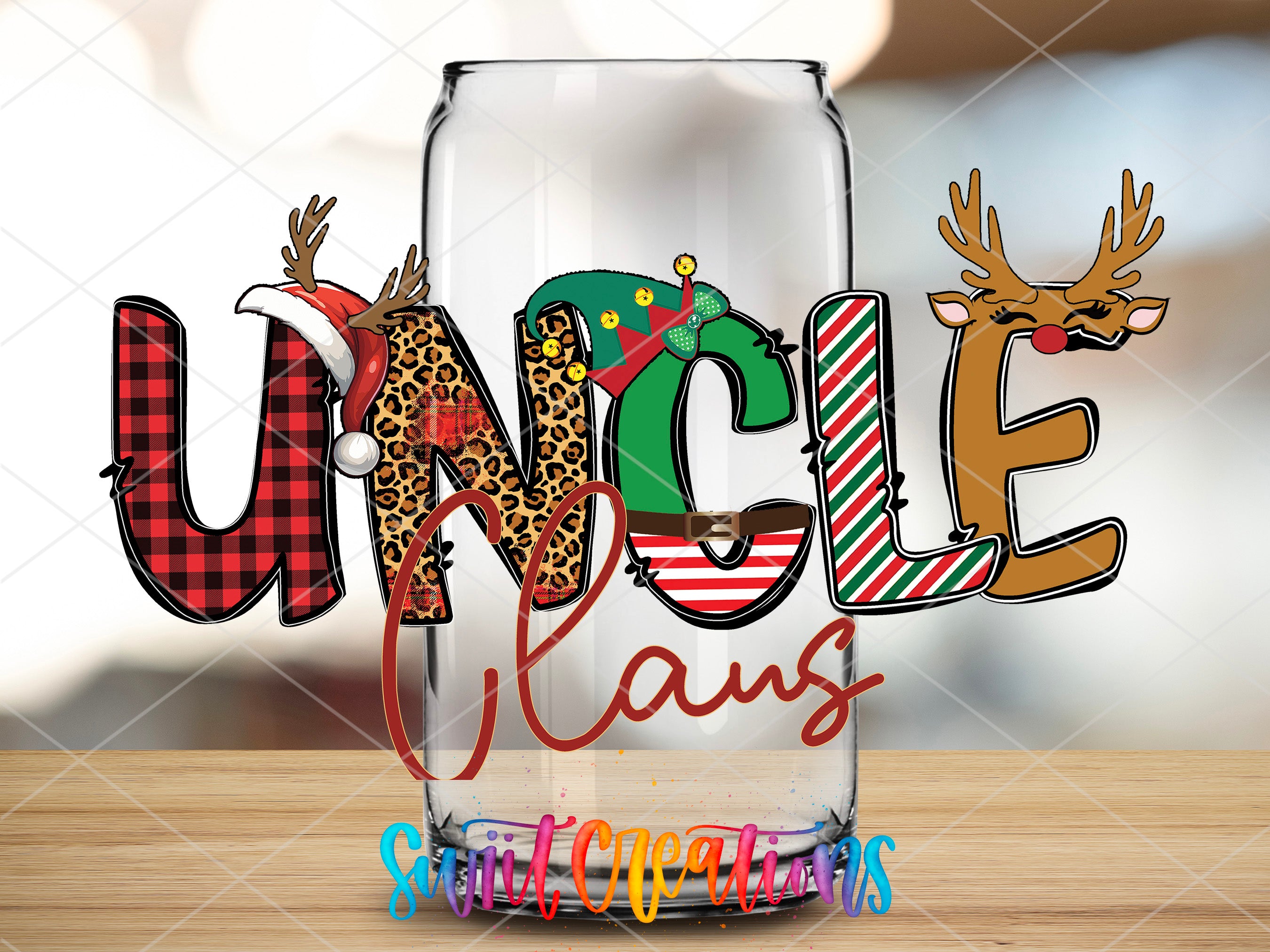 a glass with the word uncle claus on it