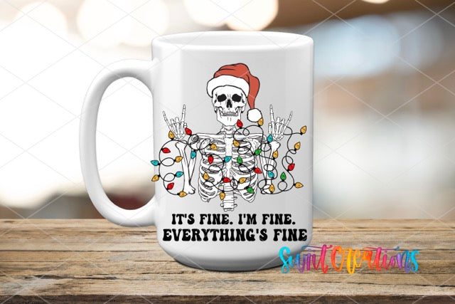 a white coffee mug with a skeleton wearing a santa hat