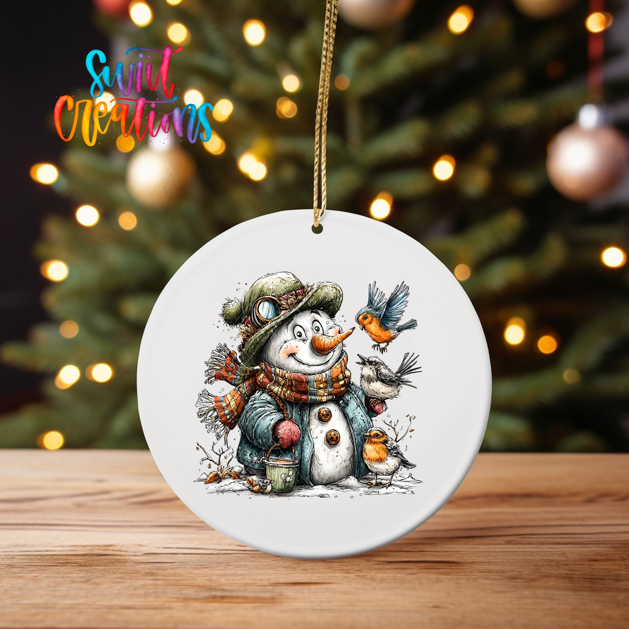A white ornament featuring a snowman with a bird perched on its arm, surrounded by other birds, is displayed against a blurred background of Christmas lights.