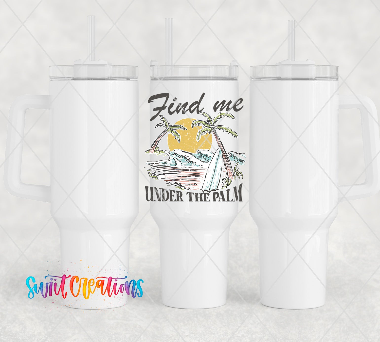 two white travel mugs with the words find me under the palm