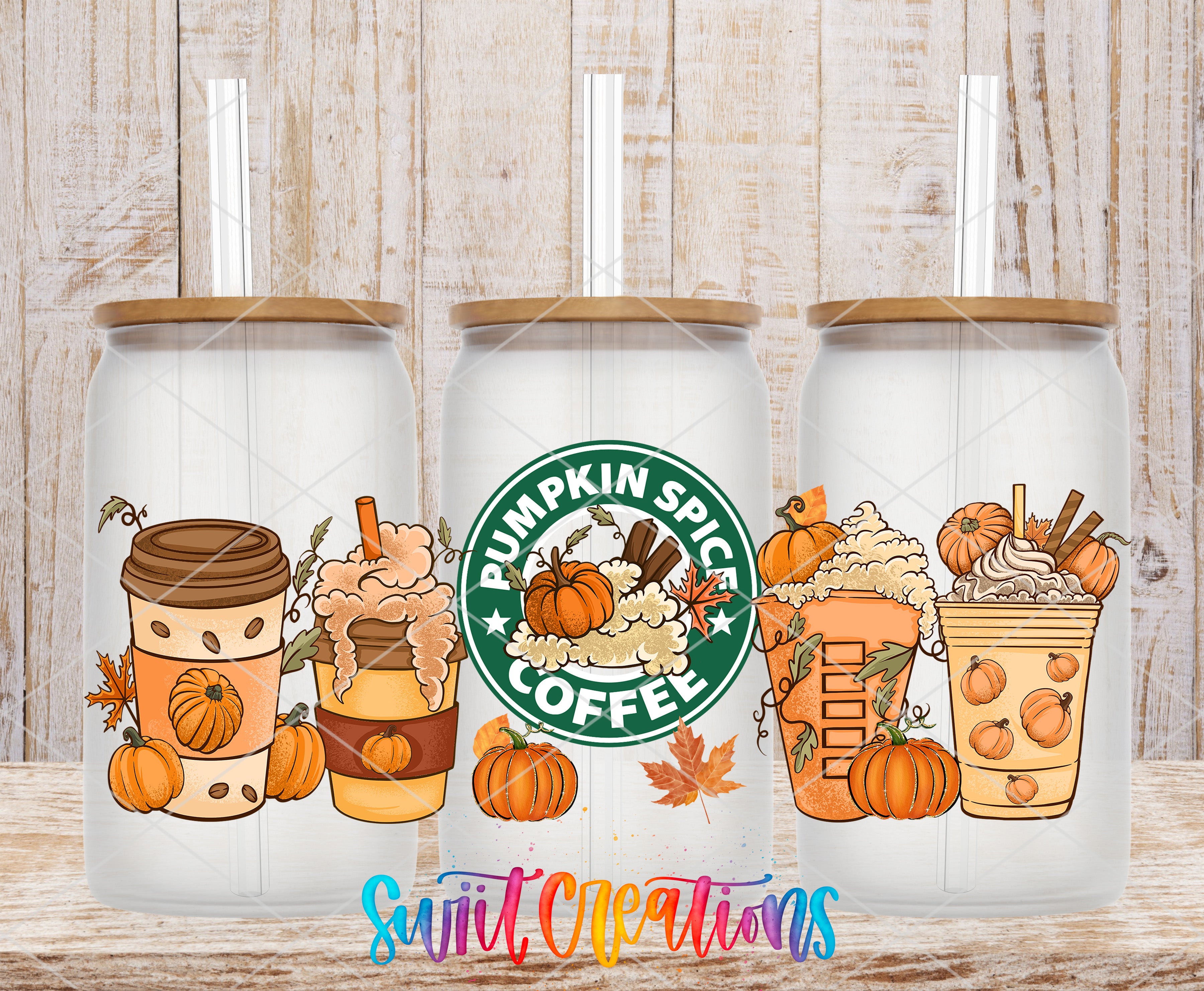 three glass coffee cups with pumpkin-themed designs, including pumpkins, leaves, and a pumpkin spice coffee logo.