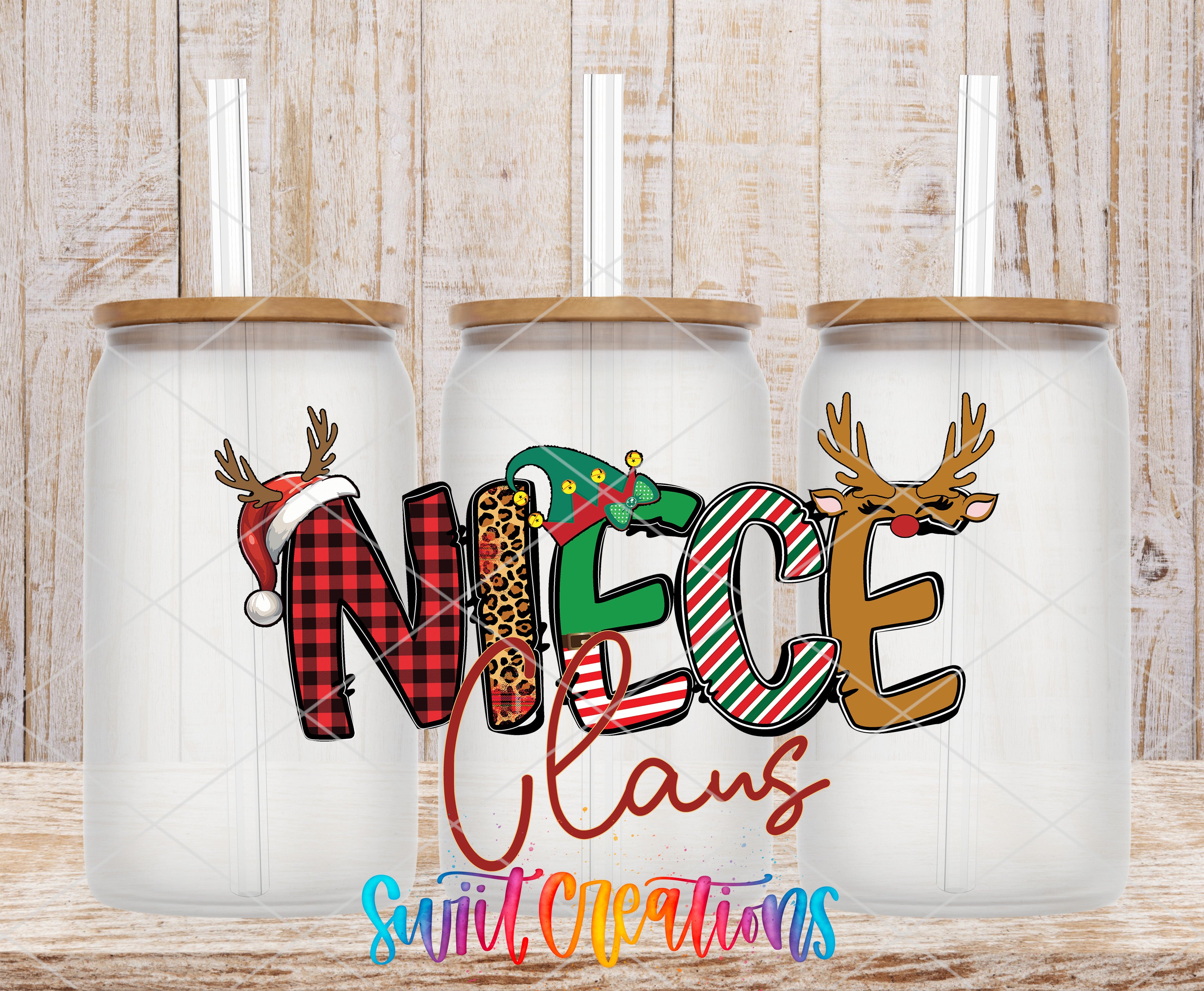 Three glass tumblers with the word "Niece" written on them, each with a different design and color scheme.