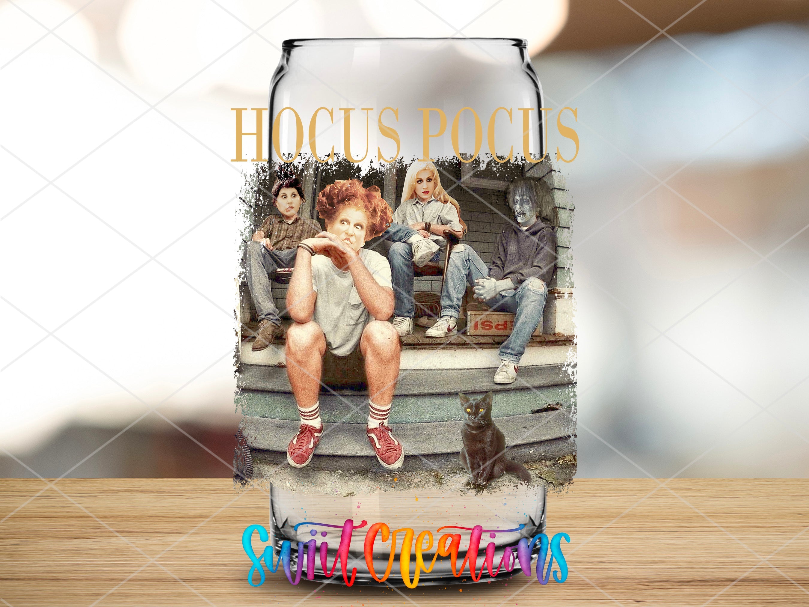 a can with a picture of a group of people on it