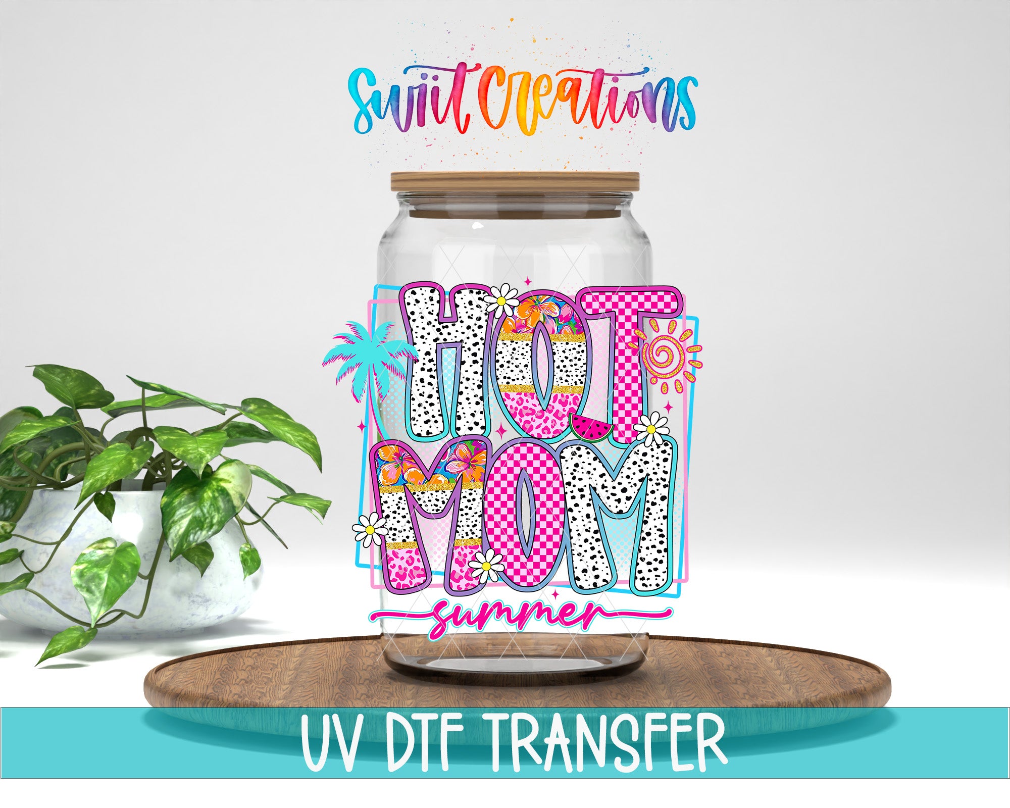 a glass jar with a lid, decorated with colorful text and illustrations, placed on a wooden surface.