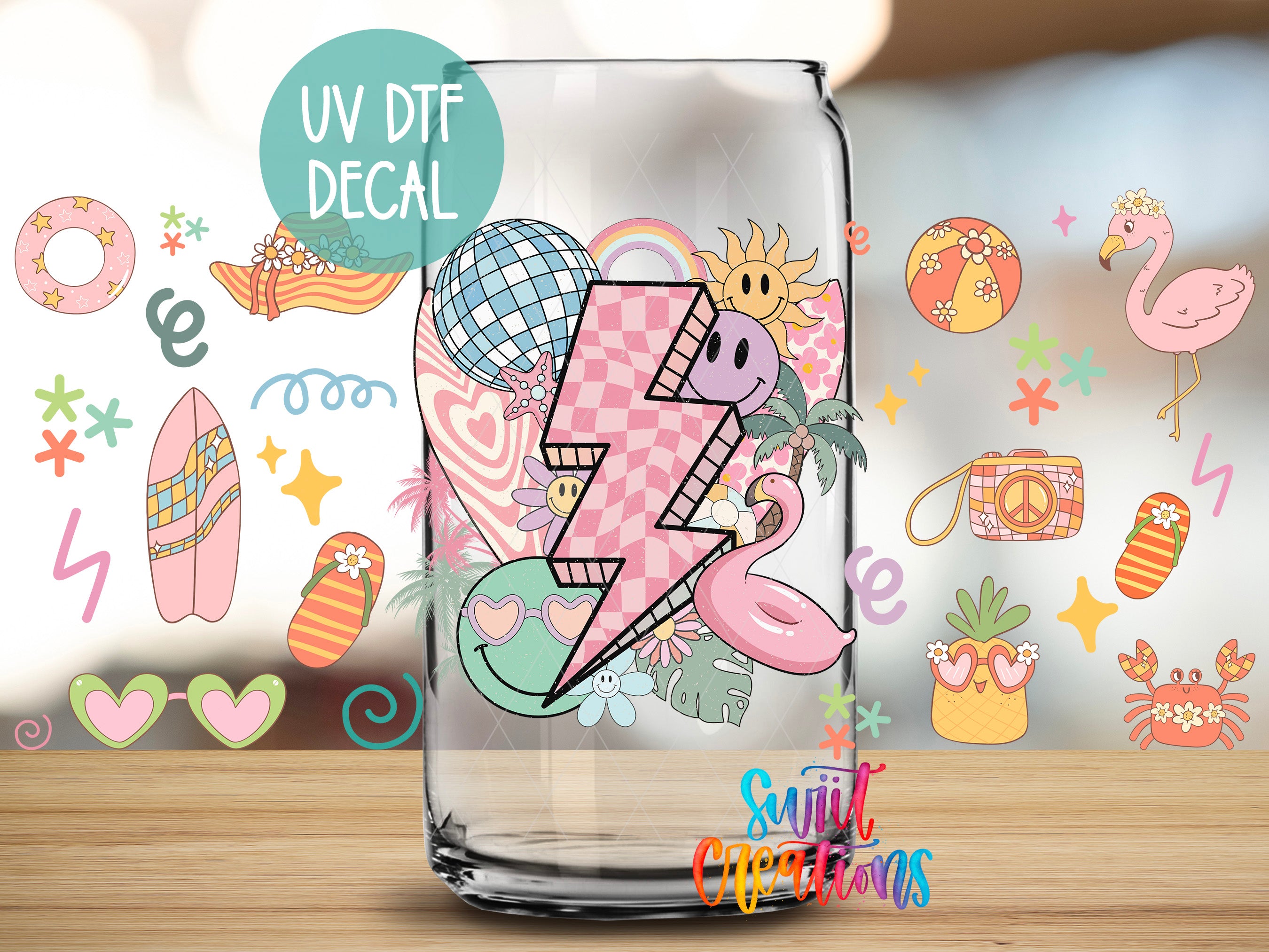 a glass jar with a vibrant, colorful decal of a lightning bolt surrounded by various beach-themed illustrations, including a flamingo, a beach ball, and a palm tree.