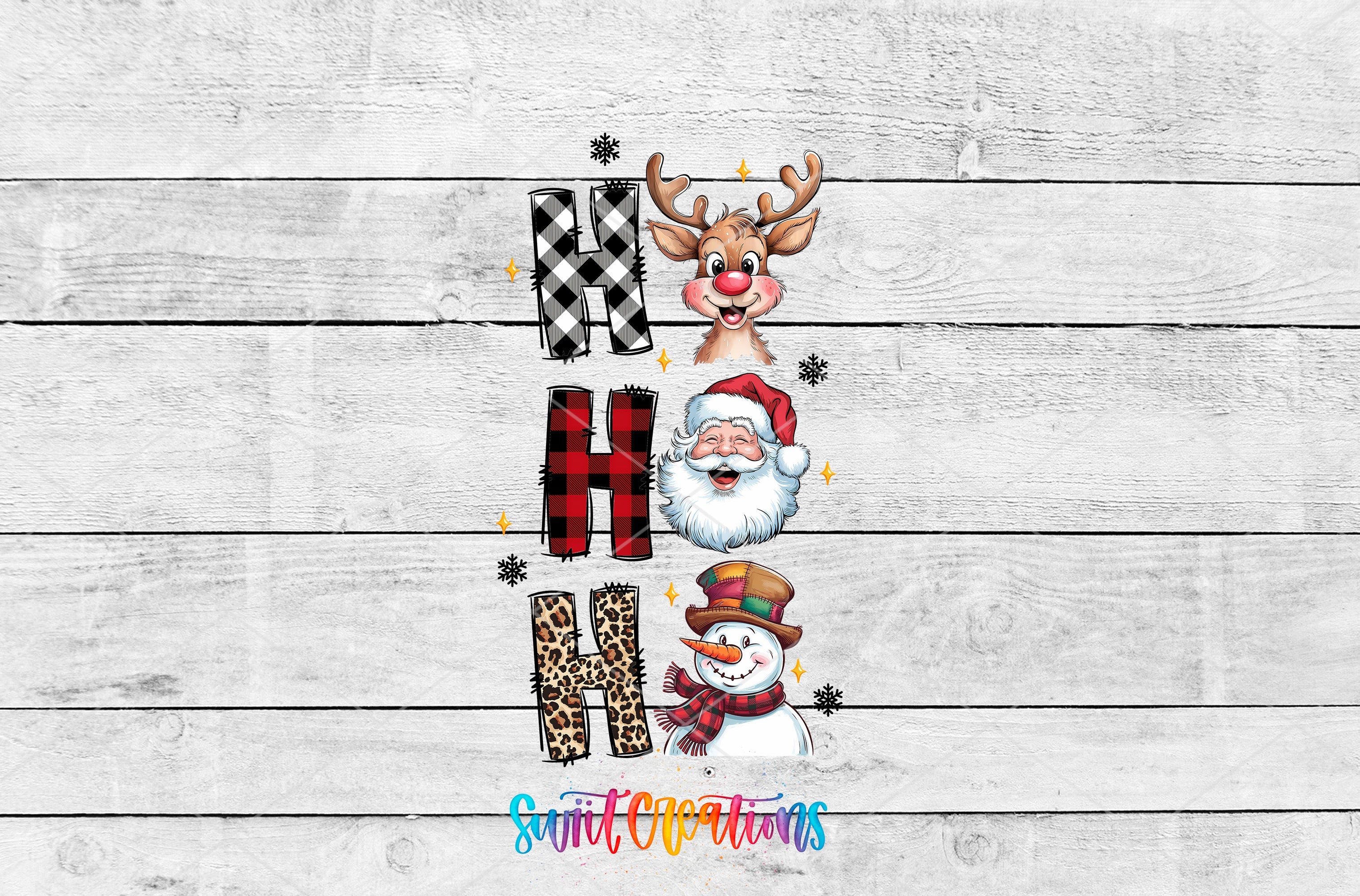 a white wooden background with a santa clause and reindeers