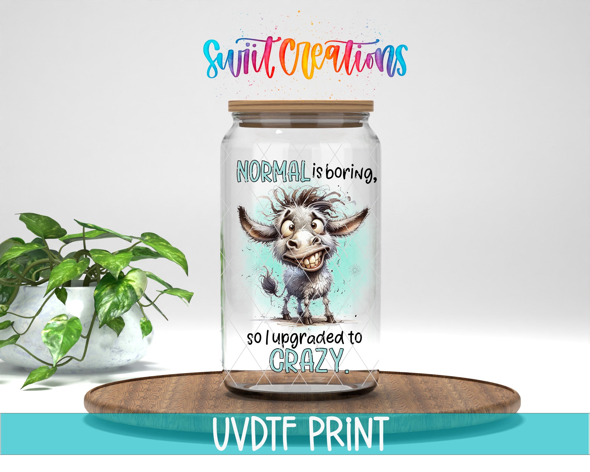 a glass jar with a picture of a cow on it