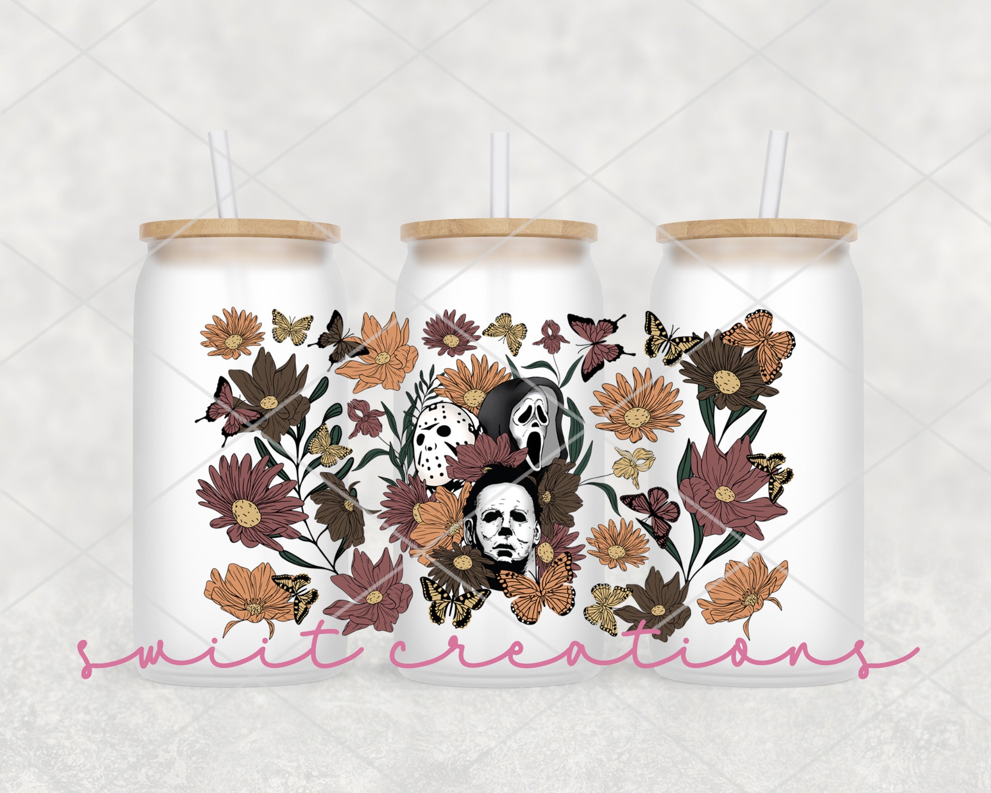 a couple of white mason jars filled with skulls and flowers