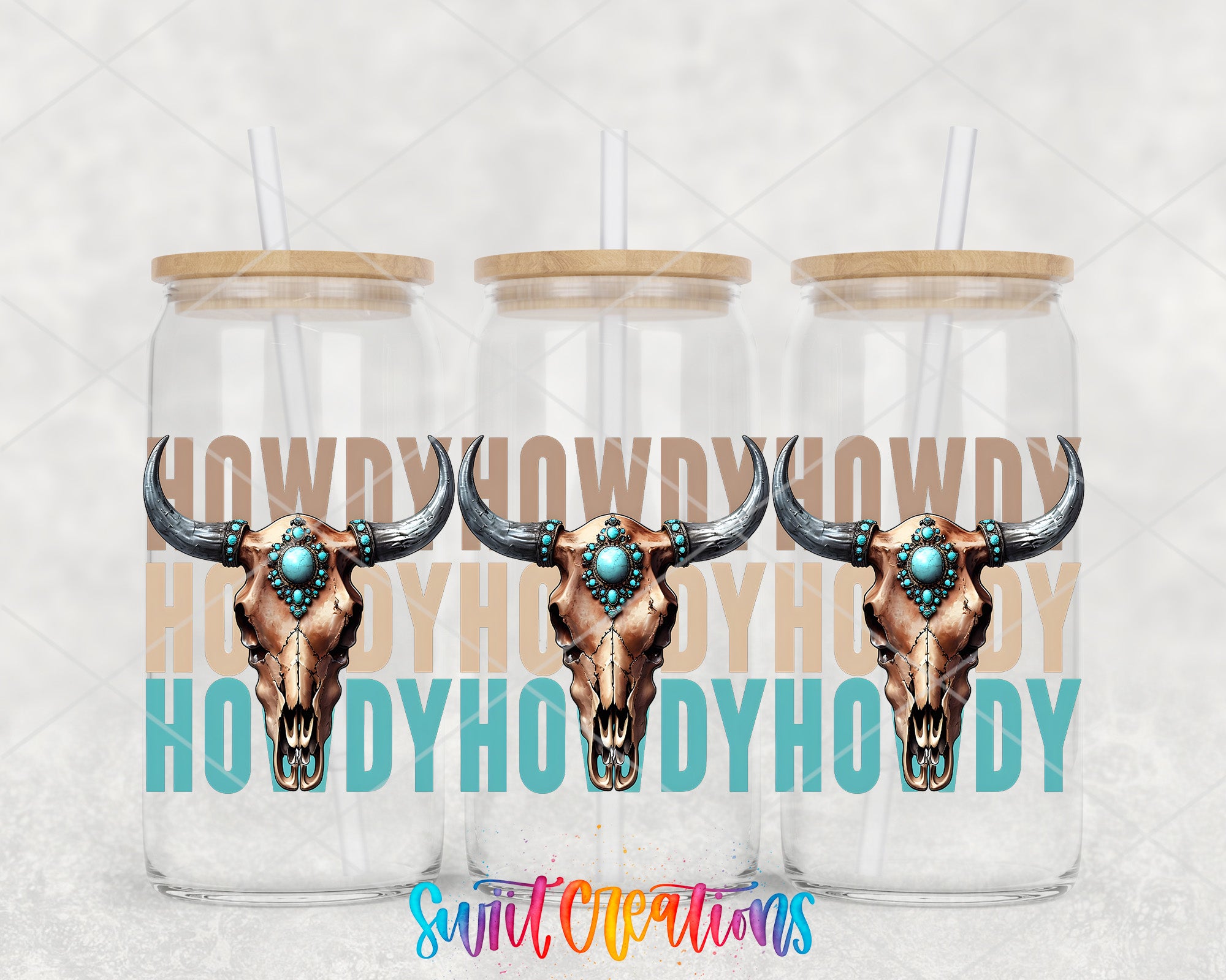 three glass jars with wooden lids, each containing a stylized illustration of a cow skull with decorative elements. The text "HOWDY HOWDY HOWDY" is displayed in a repeating pattern across the jars, creating a cohesive design.