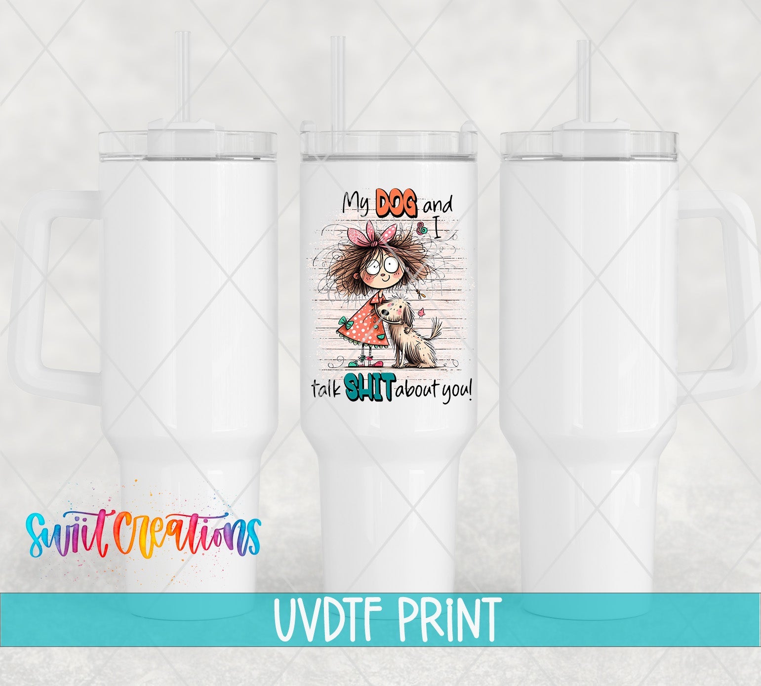 a set of three white tumblers with a cartoon character on them