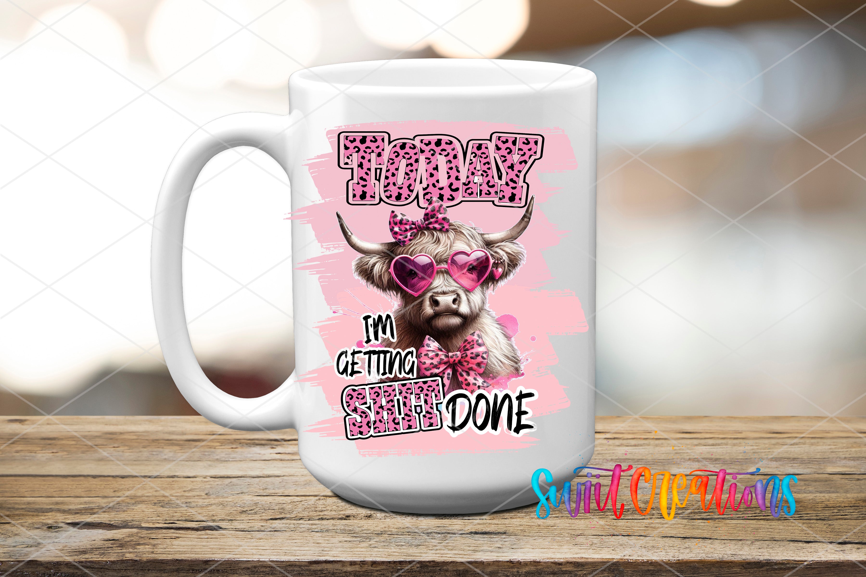 A white mug with a printed design featuring a cow wearing sunglasses and a bow tie, along with the text "Today I'm getting done".