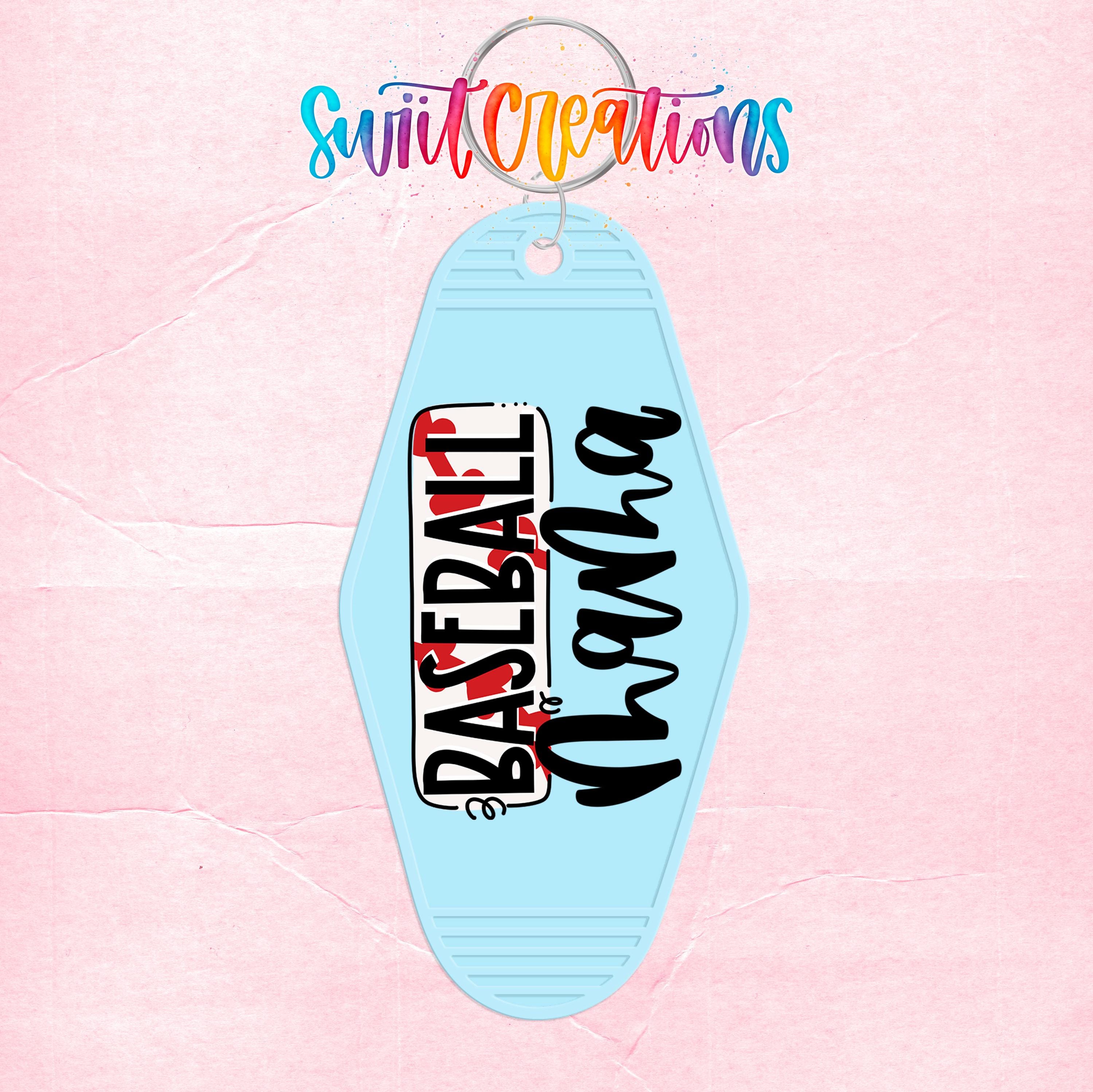 A keychain with the text "Baseball" printed on it, along with a colorful, stylized logo.