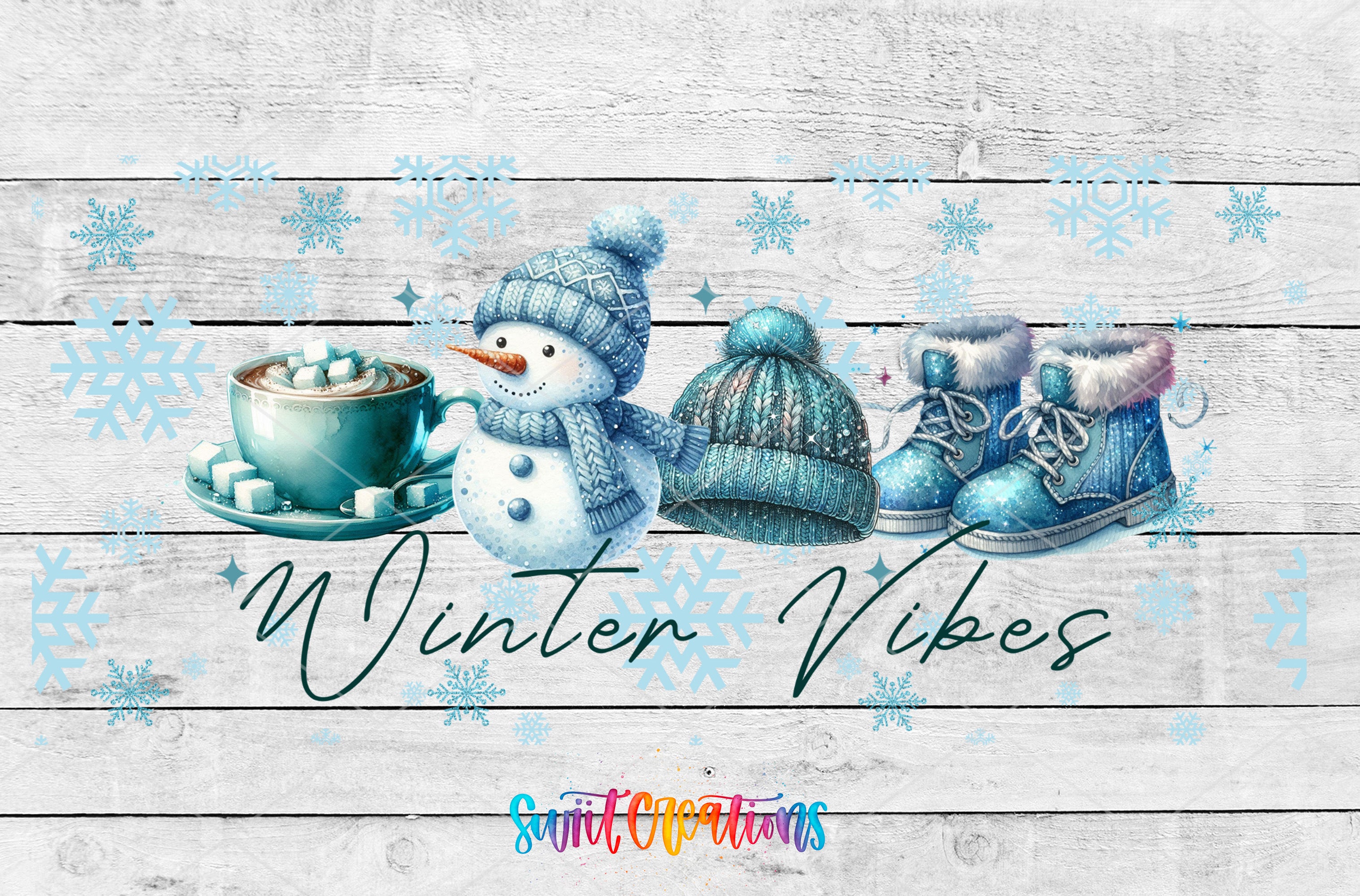 A snowman, two winter hats, and a pair of boots are arranged on a wooden background with snowflakes. The text "Winter Vibes" is written below the snowman.