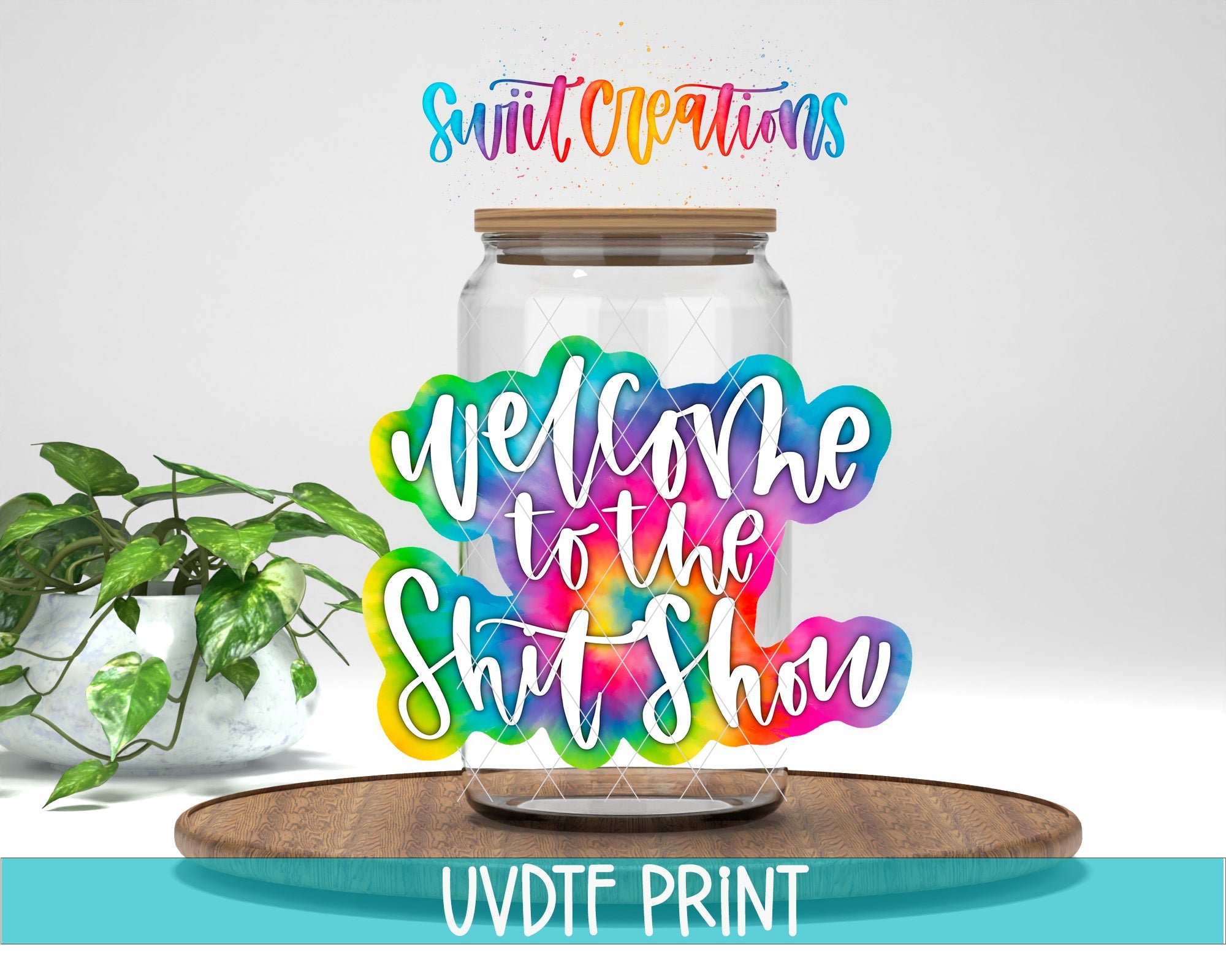 a glass jar with a welcome sign on top of it