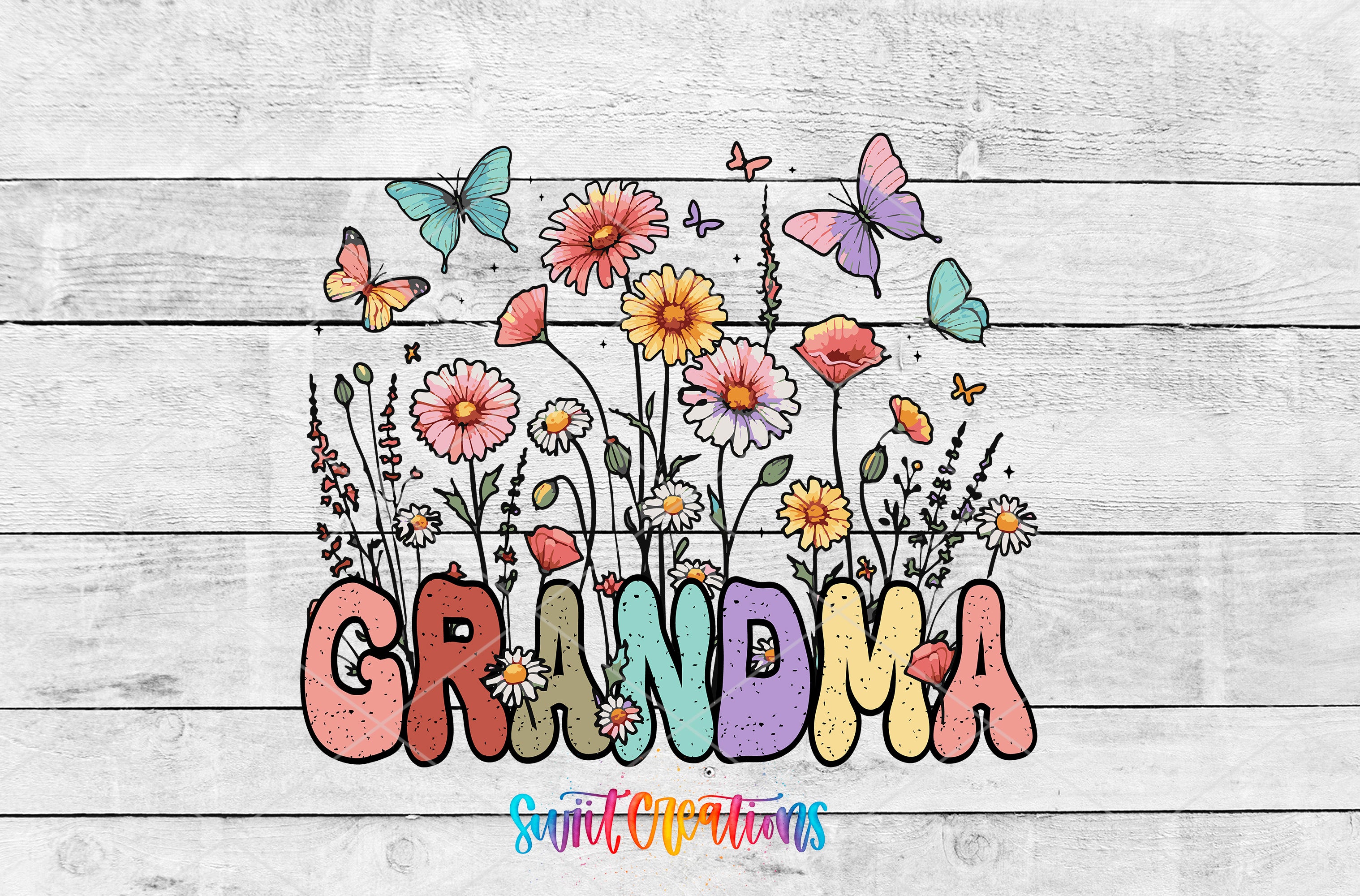 A colorful illustration of the word "GRANDMA" surrounded by various flowers, butterflies, and other natural elements.