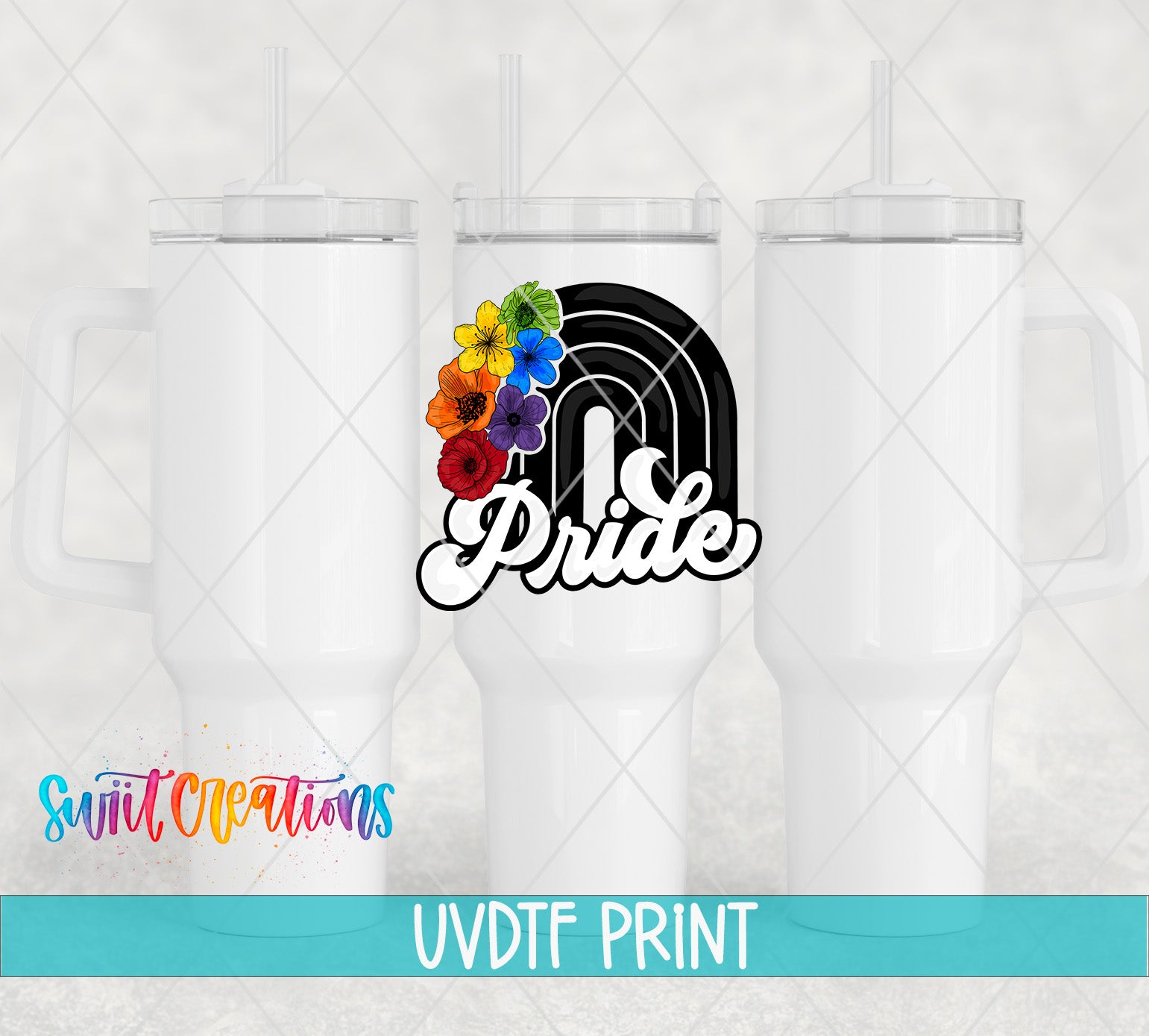 three white tumblers with a colorful graphic design on the front, including a rainbow and the word "Pride".