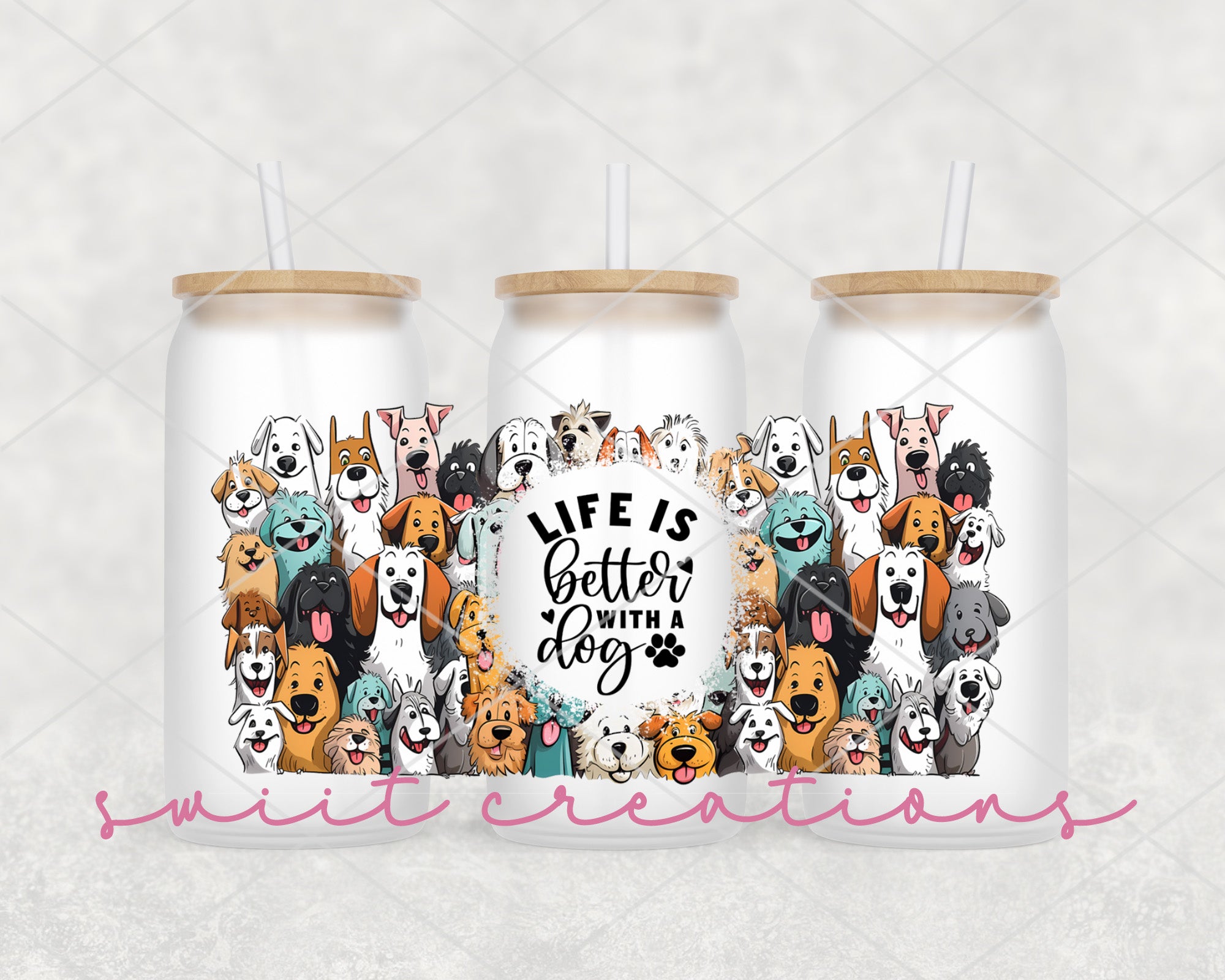 a group of dogs on a white background with the words life is better with a