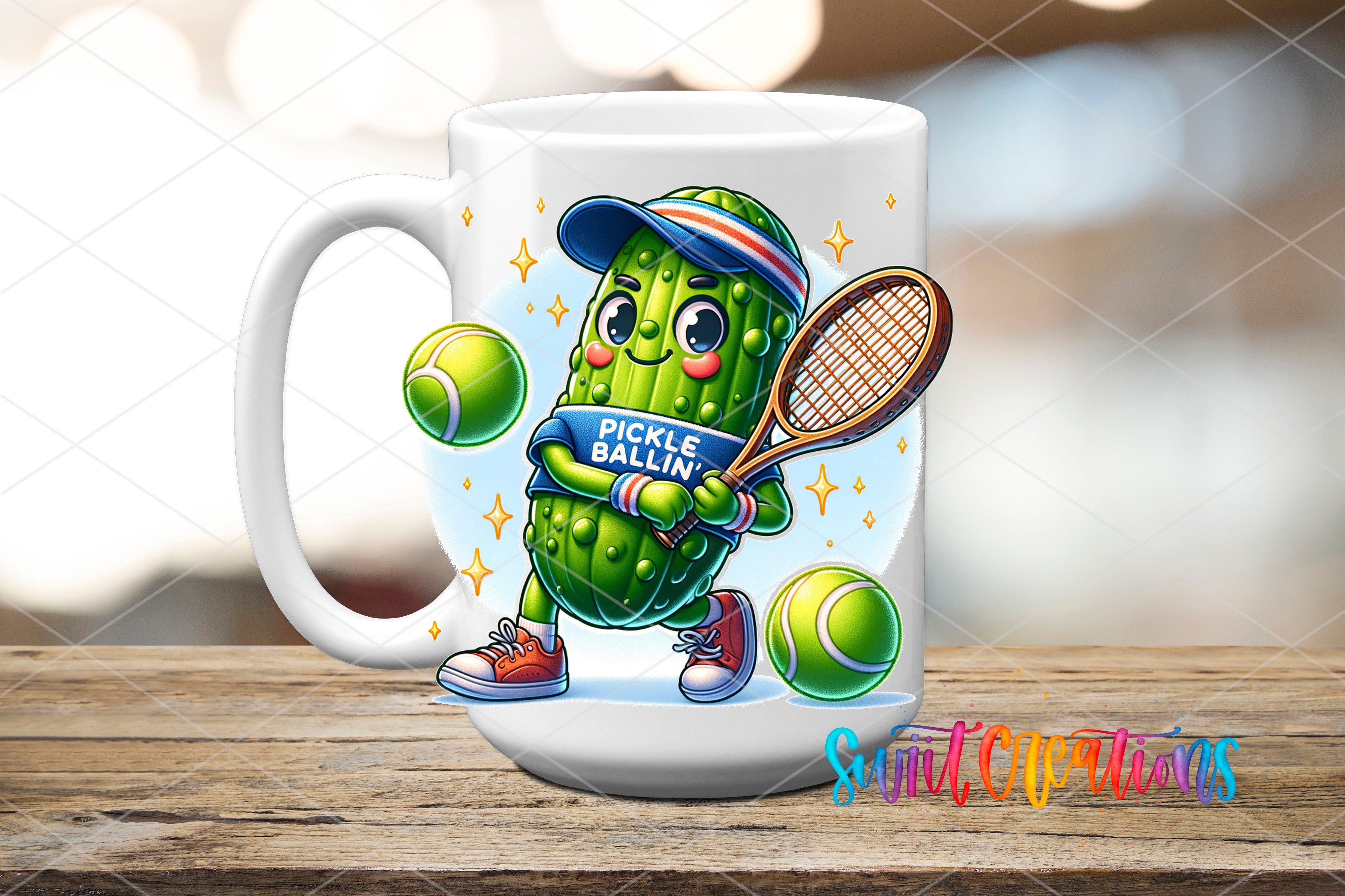 A white mug with a cartoon image of a pickle wearing a tennis racket and holding a tennis ball, surrounded by tennis balls and a tennis racket.