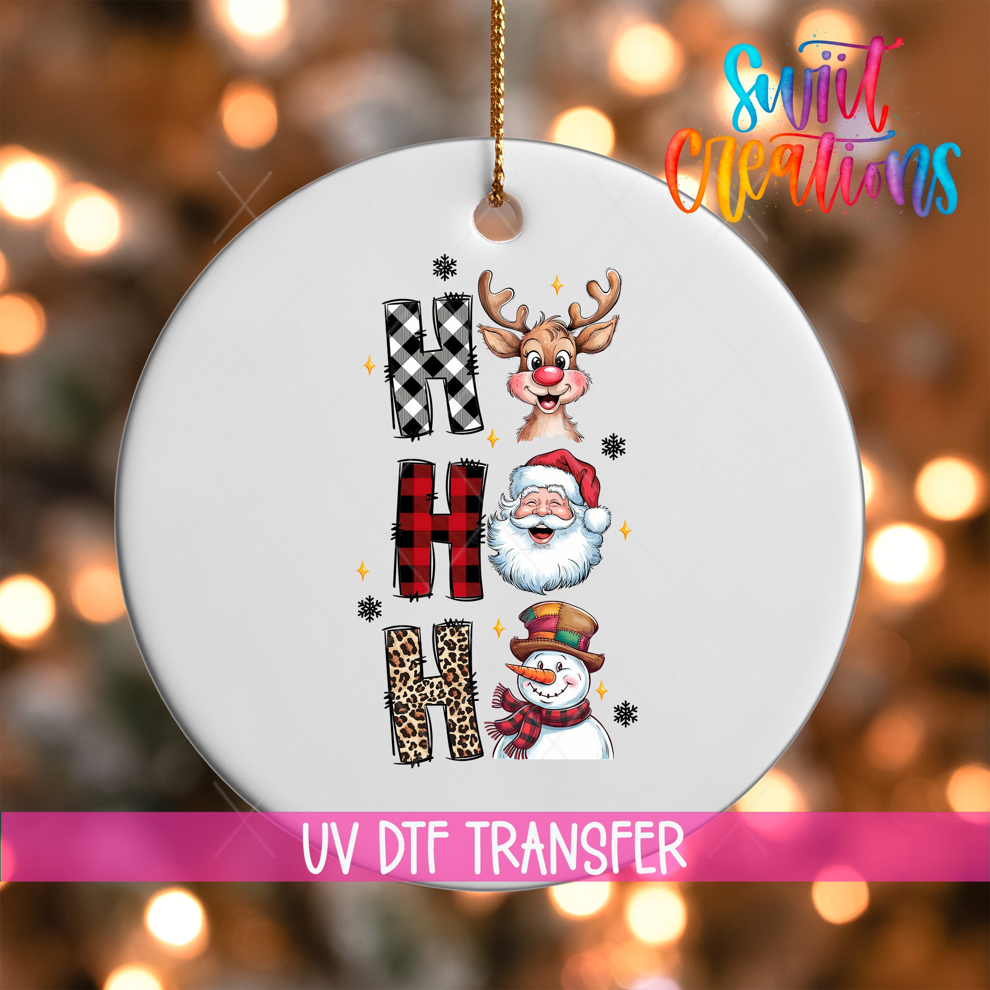 A white ceramic ornament with a Christmas-themed design, featuring a reindeer, Santa Claus, and a snowman.