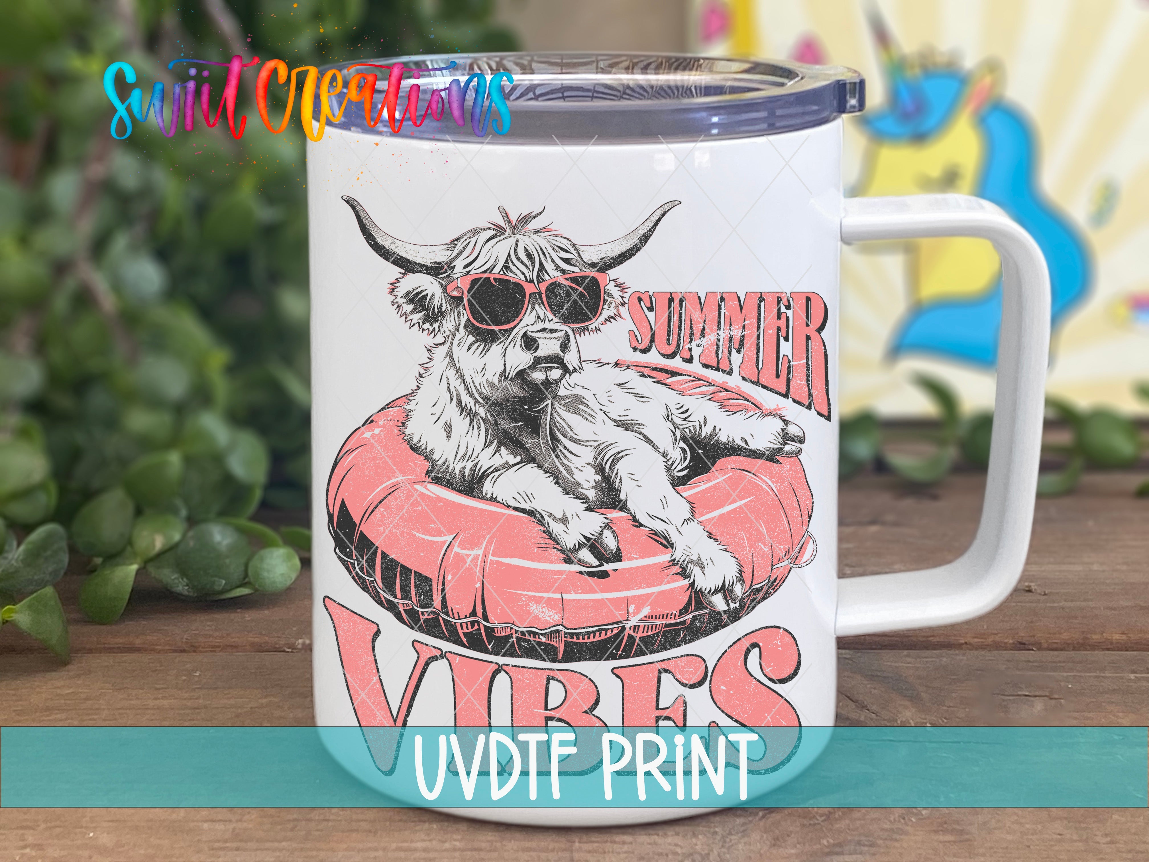 a white coffee mug with a cow wearing sunglasses