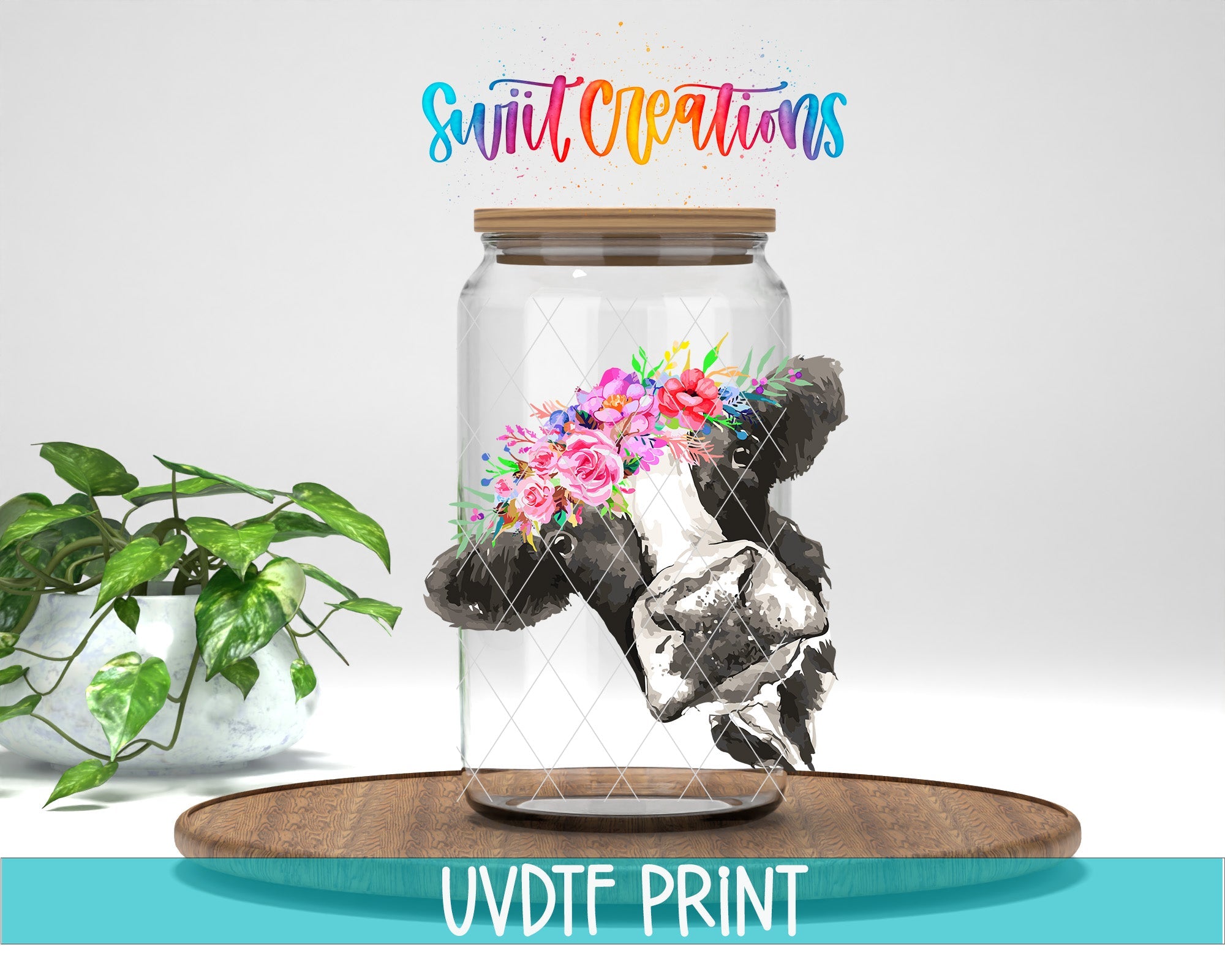 a glass jar with a picture of a cow inside of it