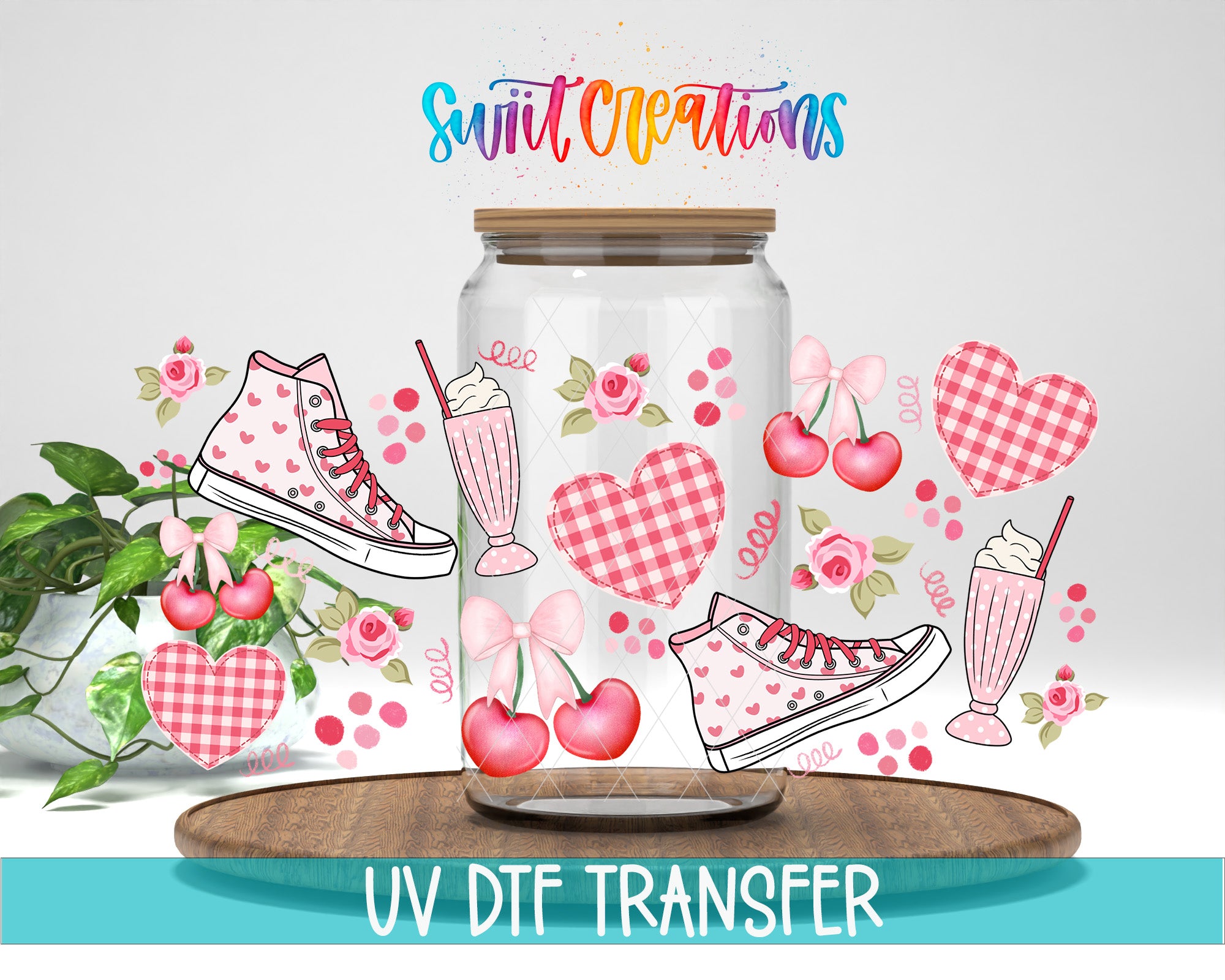 a glass jar filled with various pink and white checkered items, such as hearts, sneakers, and drinks, surrounded by cherry and rose illustrations. The jar is placed on a wooden surface, and there is a plant in the background. The image also includes text that reads "Swift Creations UV Dtf Transfer".