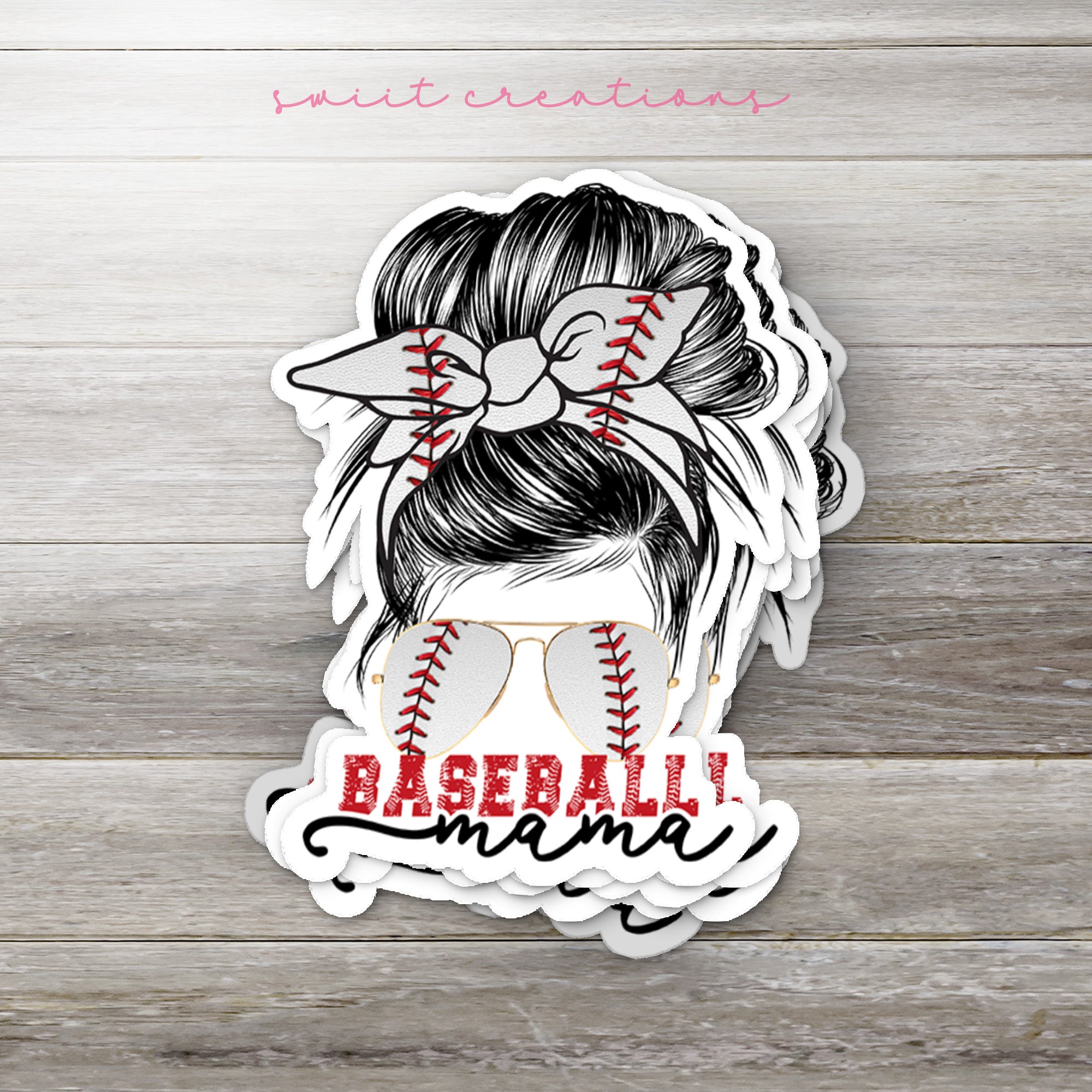 a sticker of a girl with a baseball in her hair