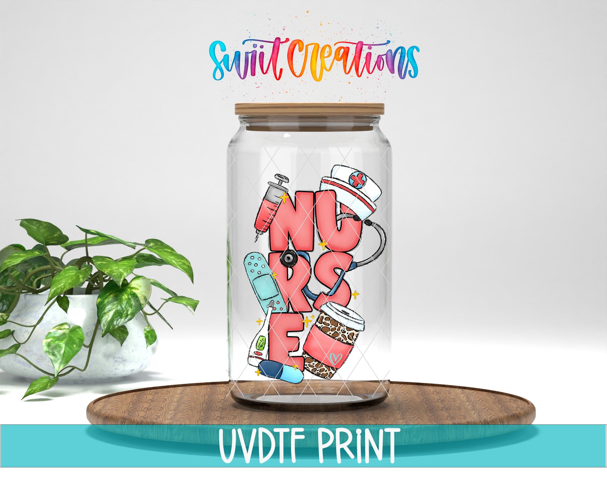 A glass jar with a lid, filled with various colorful objects, including a nurse's hat, a stethoscope, and a coffee cup, along with the text "Swift Creations" and "UVDF PRINT" printed on it.