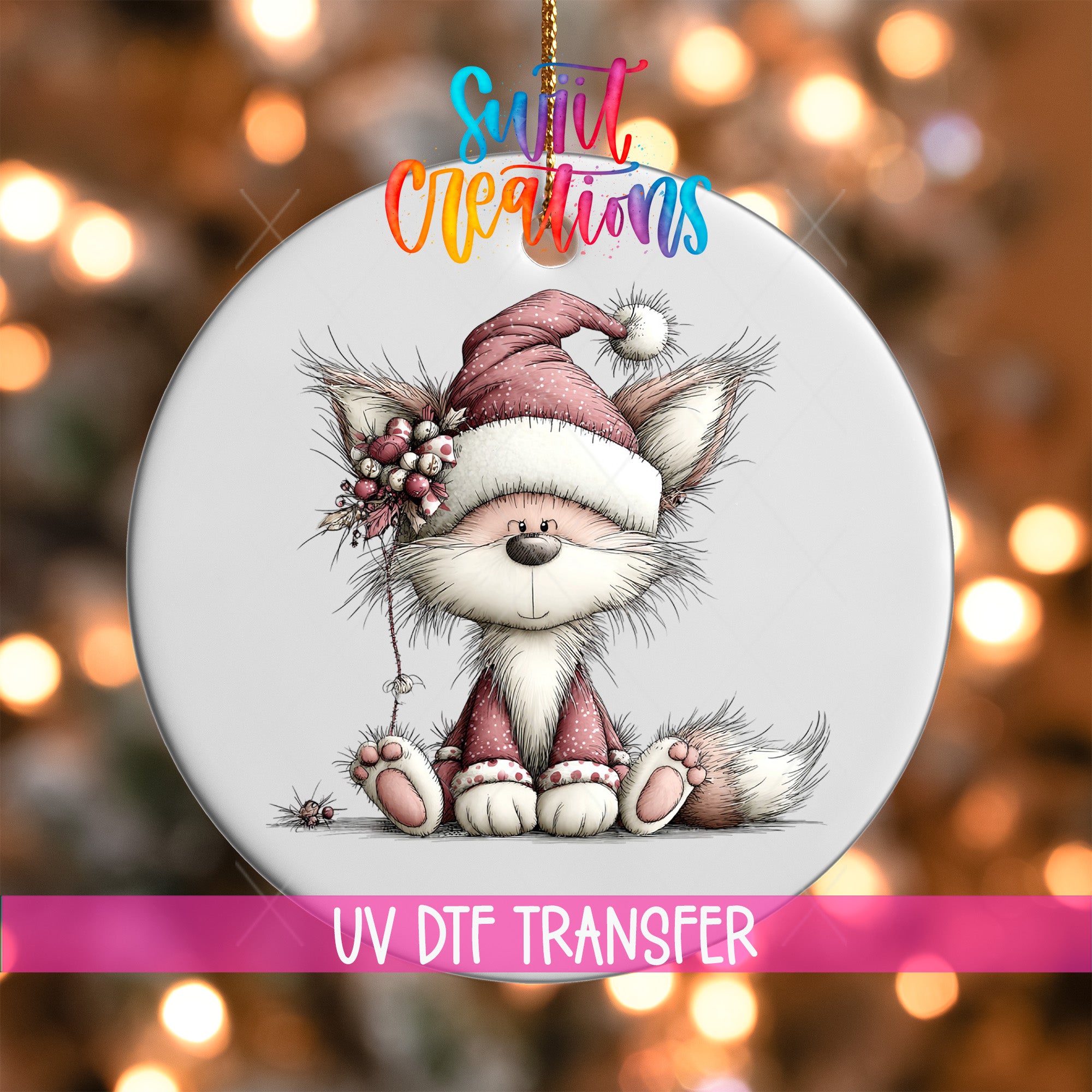 A ceramic ornament featuring a cartoon illustration of a cat wearing a Santa hat and holding a flower.